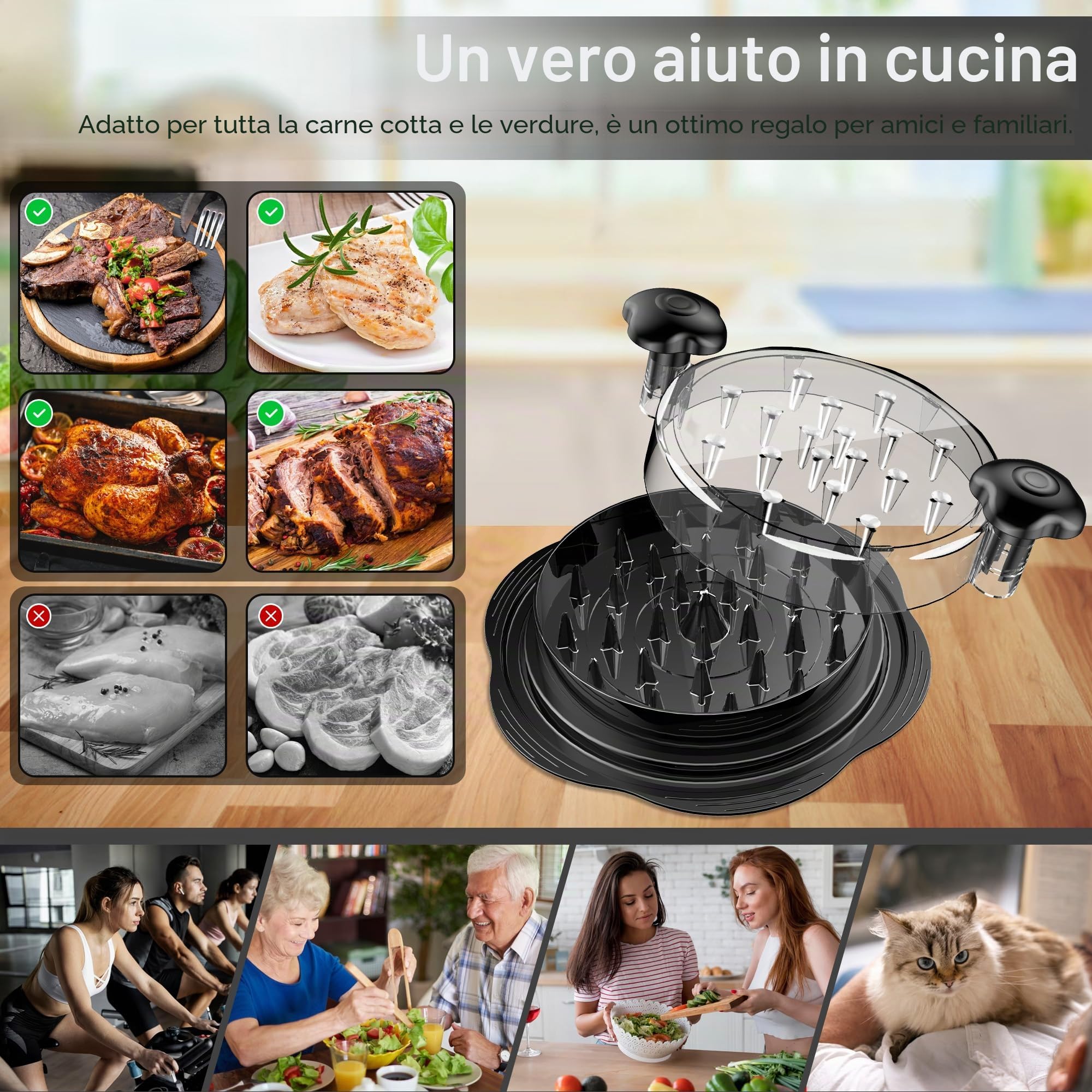 Trituratore di pollo grande con spazzola e forchetta – Tritapolli visibile con striscia antiscivolo, manico ergonomico, senza BPA, adatto per pollo, maiale e manzo (nero)