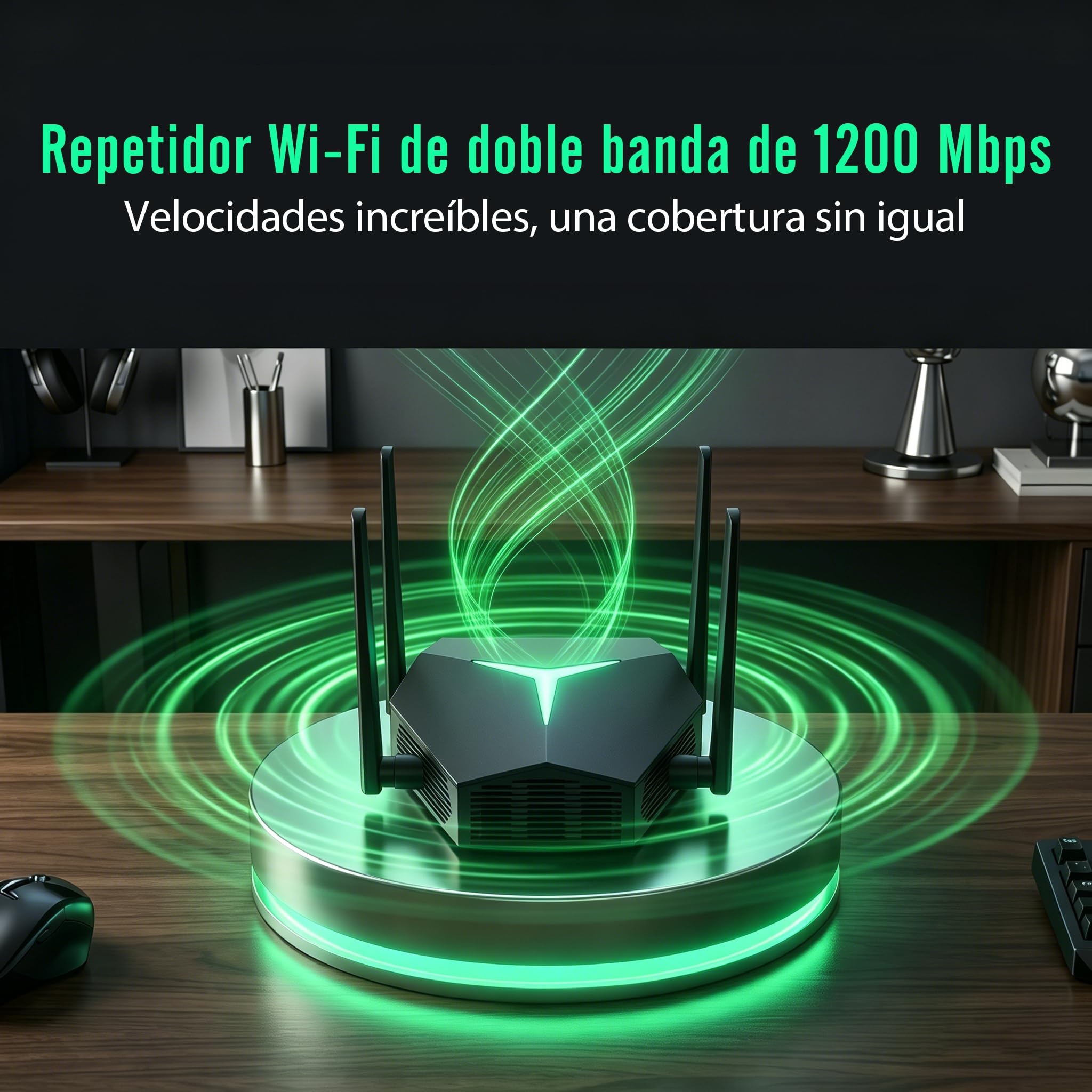 Repetidor WiFi AC1200 1200 Mbps, 1115㎡ Amplia Cobertura WiFi Extender, soporta más de 100 Dispositivos simultáneamente, 4 Antenas tecnología MIMO y Puerto Ethernet