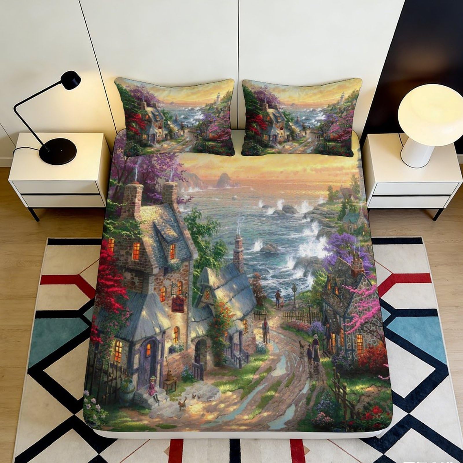 3D Printed Cottage Landscape Fitted Sheet Microfiber Soft Decorative River View Bed Cover for Bedroom Guest Room 90x200x25cm