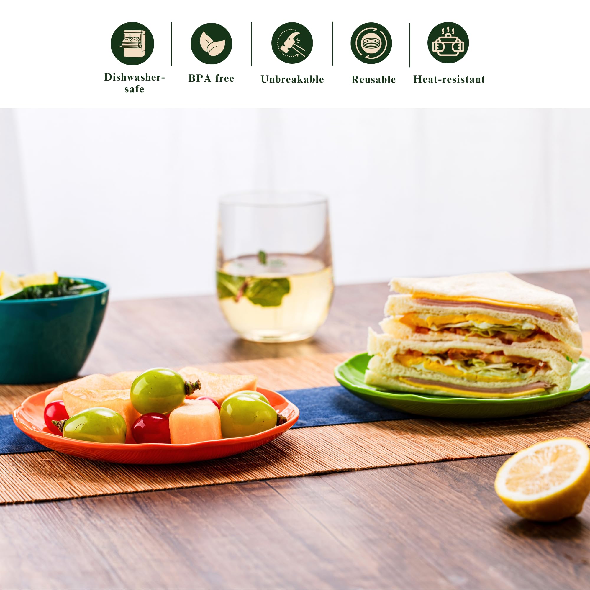 Platos de postre de melamina de 6.7 pulgadas (juego de 6) – Vajilla de plástico irrompible y reutilizable con sensación de cerámica, apilables y aptos para lavavajillas (multicolor)