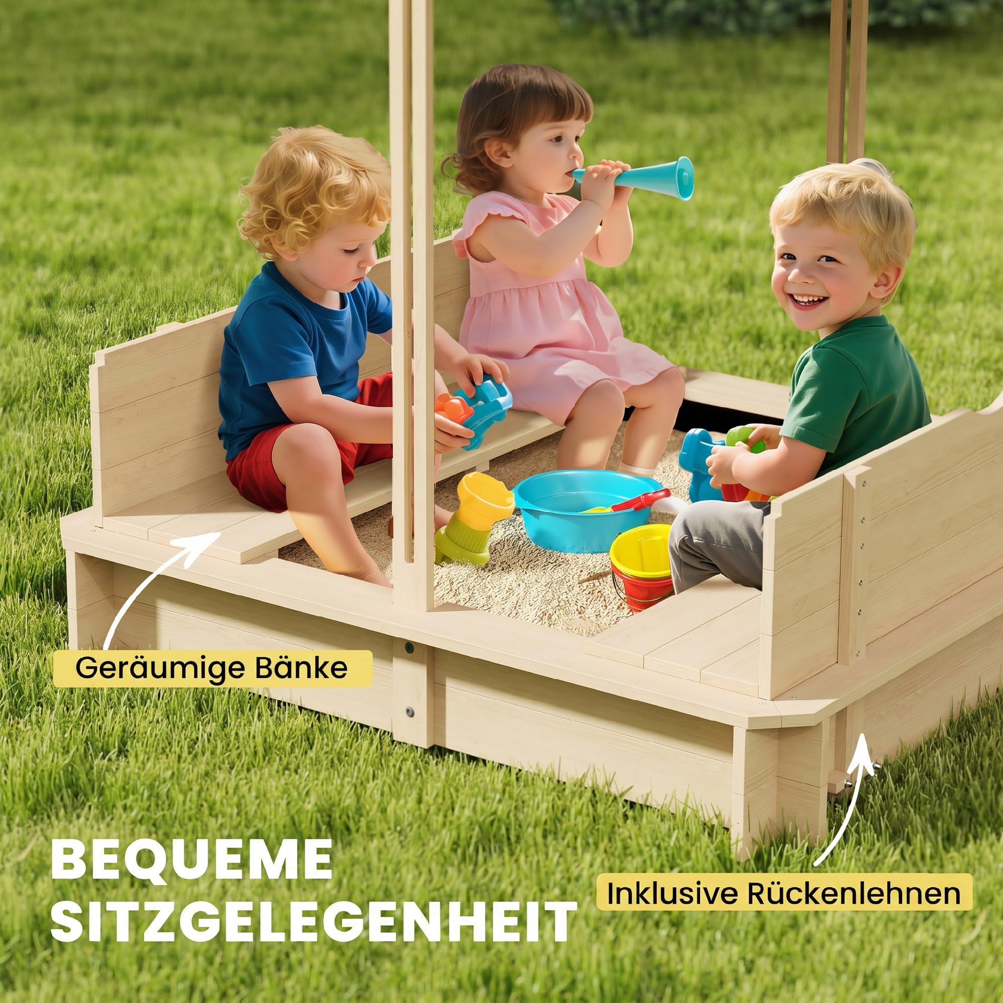 Outsunny Sandkasten Kinder 106x106 cm Höhenverstellbar Abdeckung Blau | Sandkiste Sandbox Aus Holz, Sitzbänken Mit Rücklehnen, für Outdoor Garten Terrasse Balkon