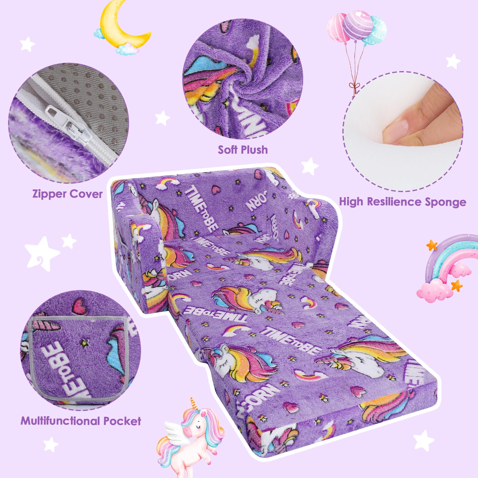Divano Bambini Trasformabile 2-in-1,Stabile Poltroncina Pieghevole per Bambini Ragazze con Coperta ,Comoda Divano Letto per Bambini che Brillano nel Buio per Camere da Letto e Soggiorno,Unicorno Viola