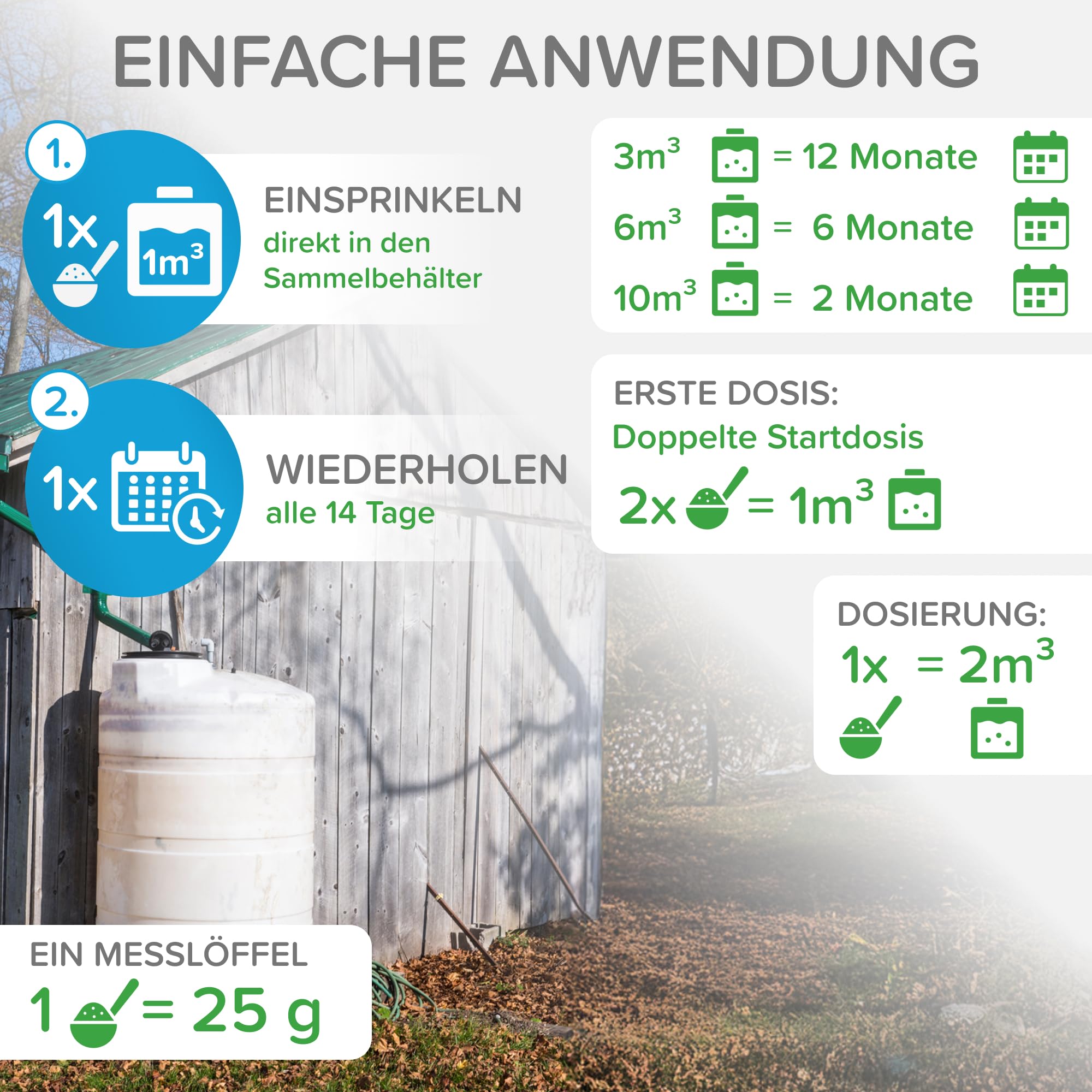 No.15 Bioenzymatischer Reiniger für Ihre REGENWASSERBEHÄLTER, Regenwassersammeltanks, Lagertanks, Regenwasser, Regenwassertank Garten 500 g - 1 Stück