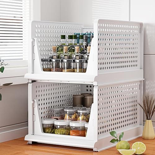 Miniatura 4 de Cesta de almacenamiento de plástico apilable para armario (4 unidades, color blanco, 4L)