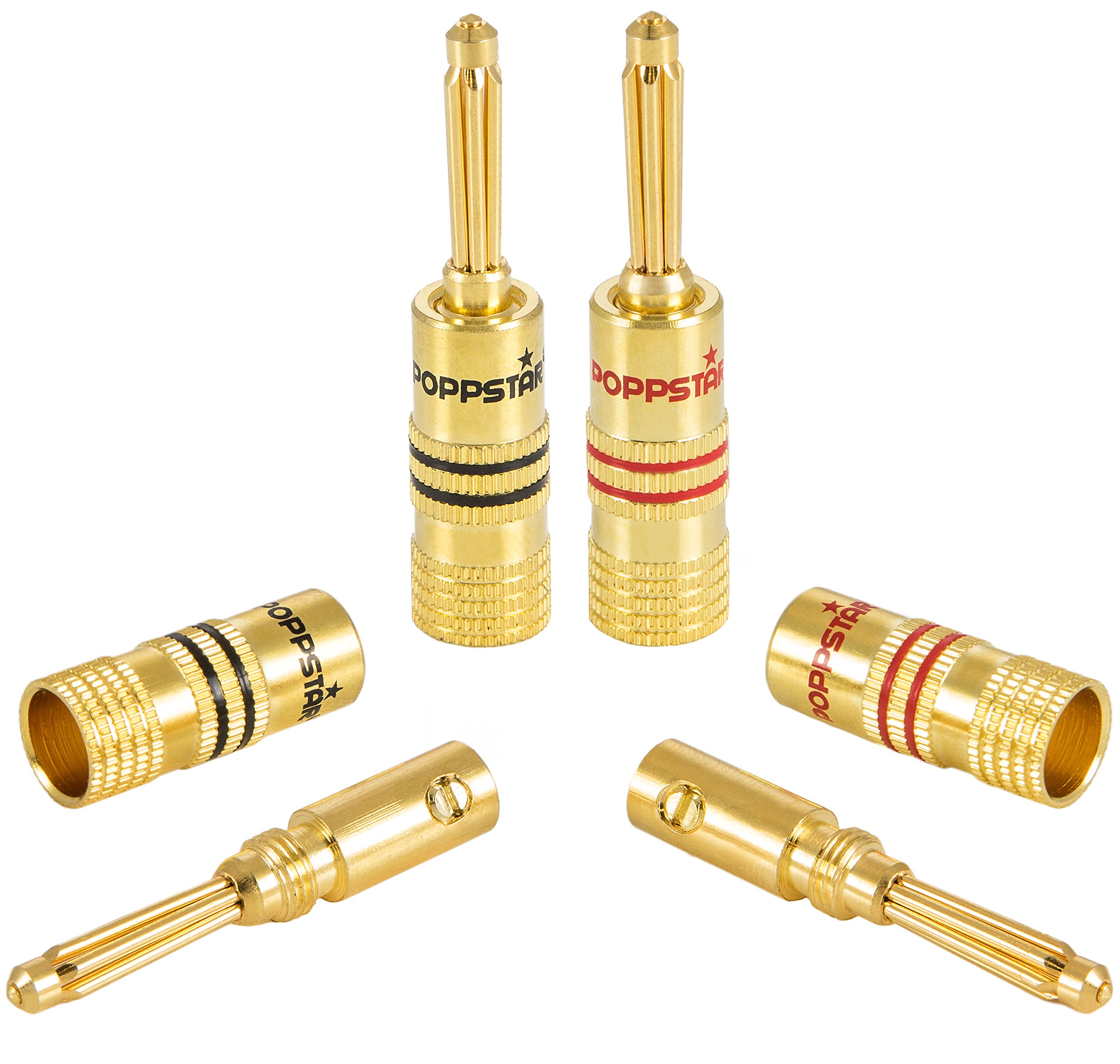 Poppstar 4x Bananas Altavoces; Banana Conector Para Cable De Altavoz (hasta 6mm²), (2x Negro, 2x Rojo), Contactos Dorados 24k