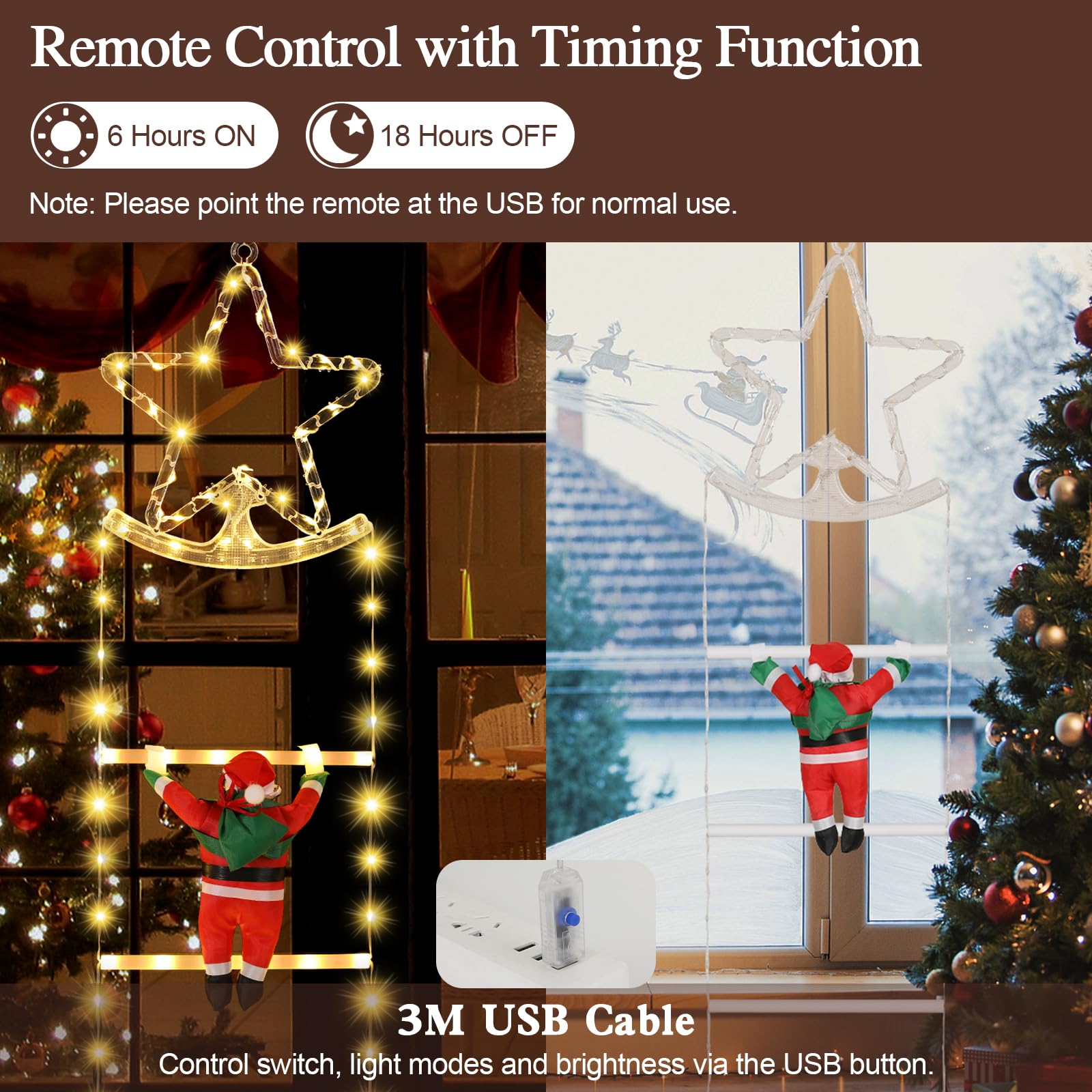 Lewondr Decoraciones Navideñas Luces LED en Escalera, 9,8ft Luz Decorativa Navideña con 2 Papá Noel, 8 Modos Control Remoto, 298 LED Luz para Árbol de Navidad Ventana Interior Exterior, Blanco Cálido