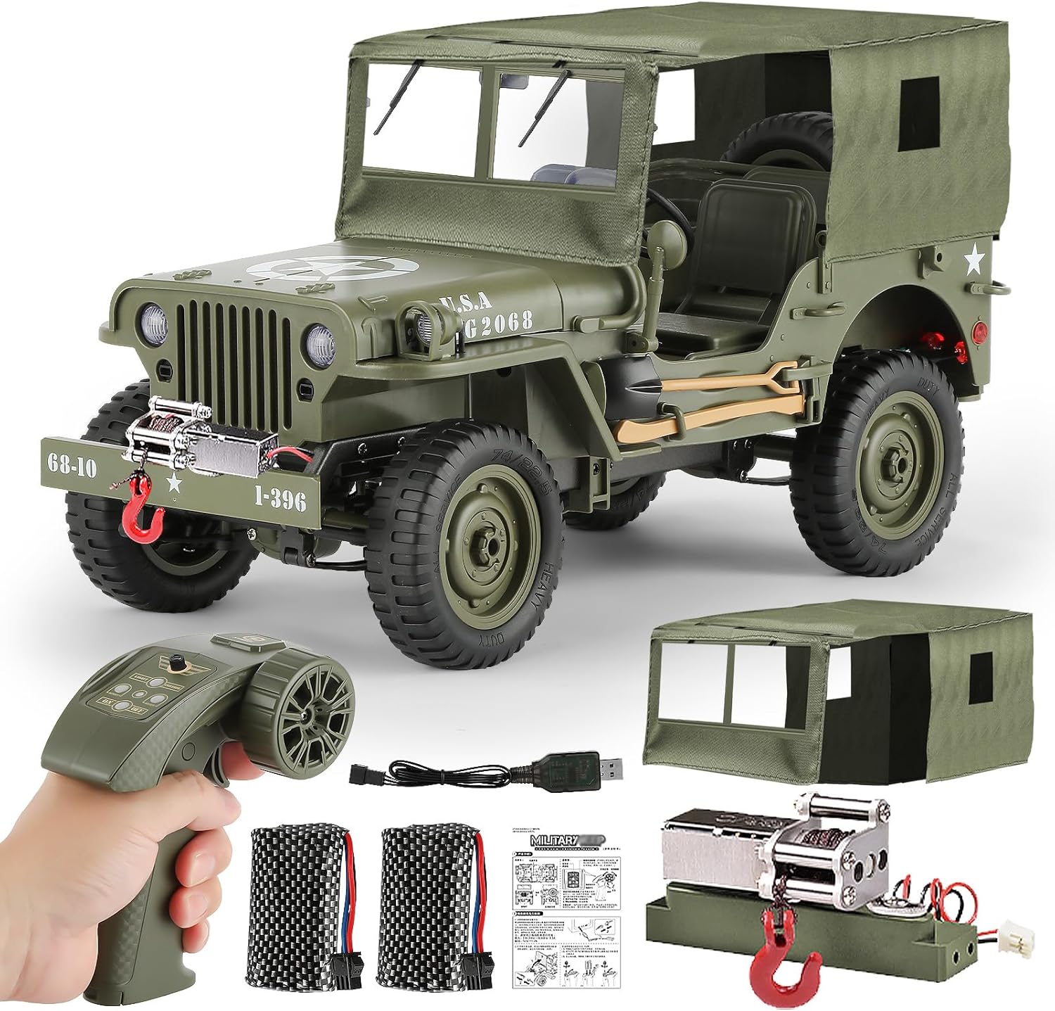1/10 Scale RC Military SUV, Remote Control 4WD Off-Road Vehicle with Alloy Frame Chassis, with Winch and Capstan, Army Vehicle with Opening Hood and Folding Windshield, 2 Batteries,