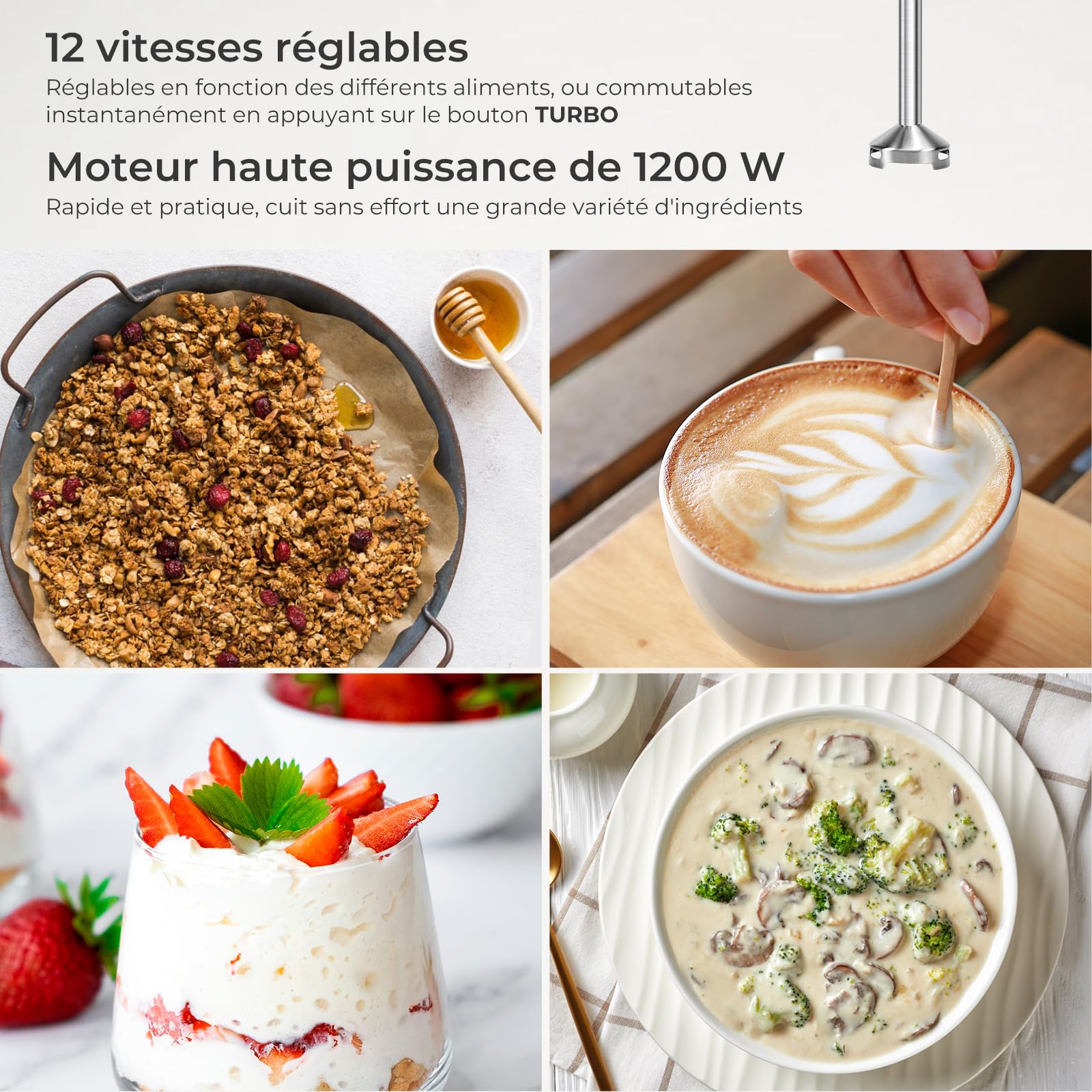 Mixeur Plongeant 1200W - Ensemble avec Hachoir Électrique 600ml, Mousseur à Lait et Pot 800ml - Soupes, Sauces, et Fruits - 12 Vitesses + Turbo en Acier Inox