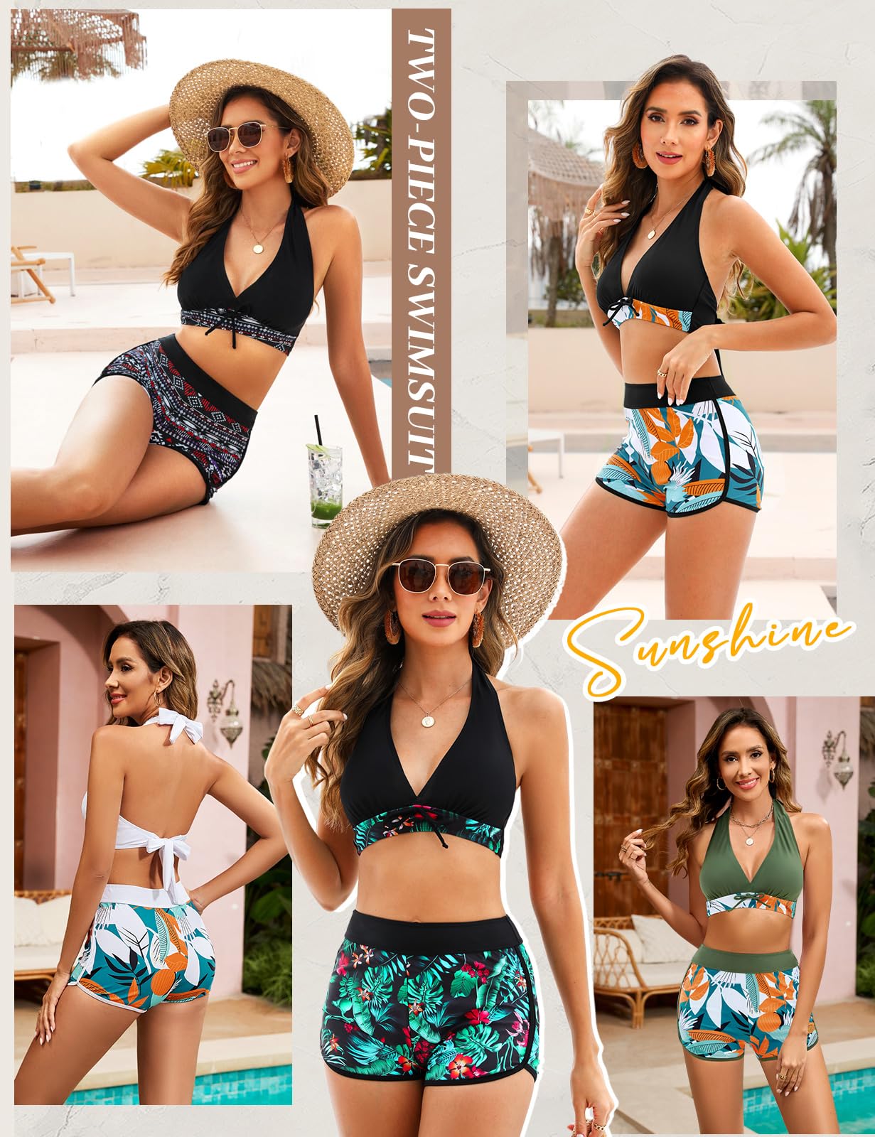 Tuopuda Traje de Baño para Mujer Push Up Conjunto de Bikini Estampado Floral Dos Piezas Conjunto Bañador Cuello en V Bikini Tops y Cintura Alta Pantalones Cortos
