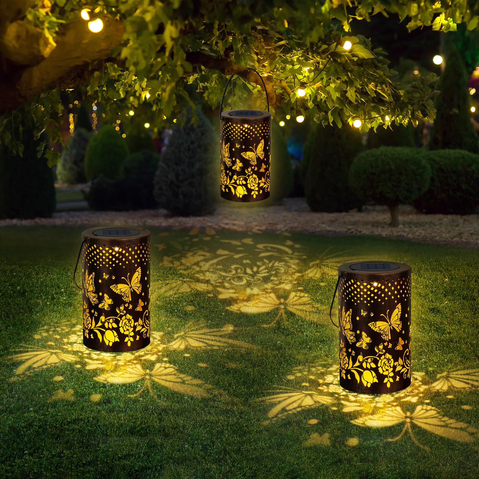 Qoosea Lanterne Solari da Esterno Farfalla Decorative LED Luci da Giardino in Metallo con Ganci IP65 Impermeabile Lanterna Solare Lampade Solari da Giardino Decorazioni