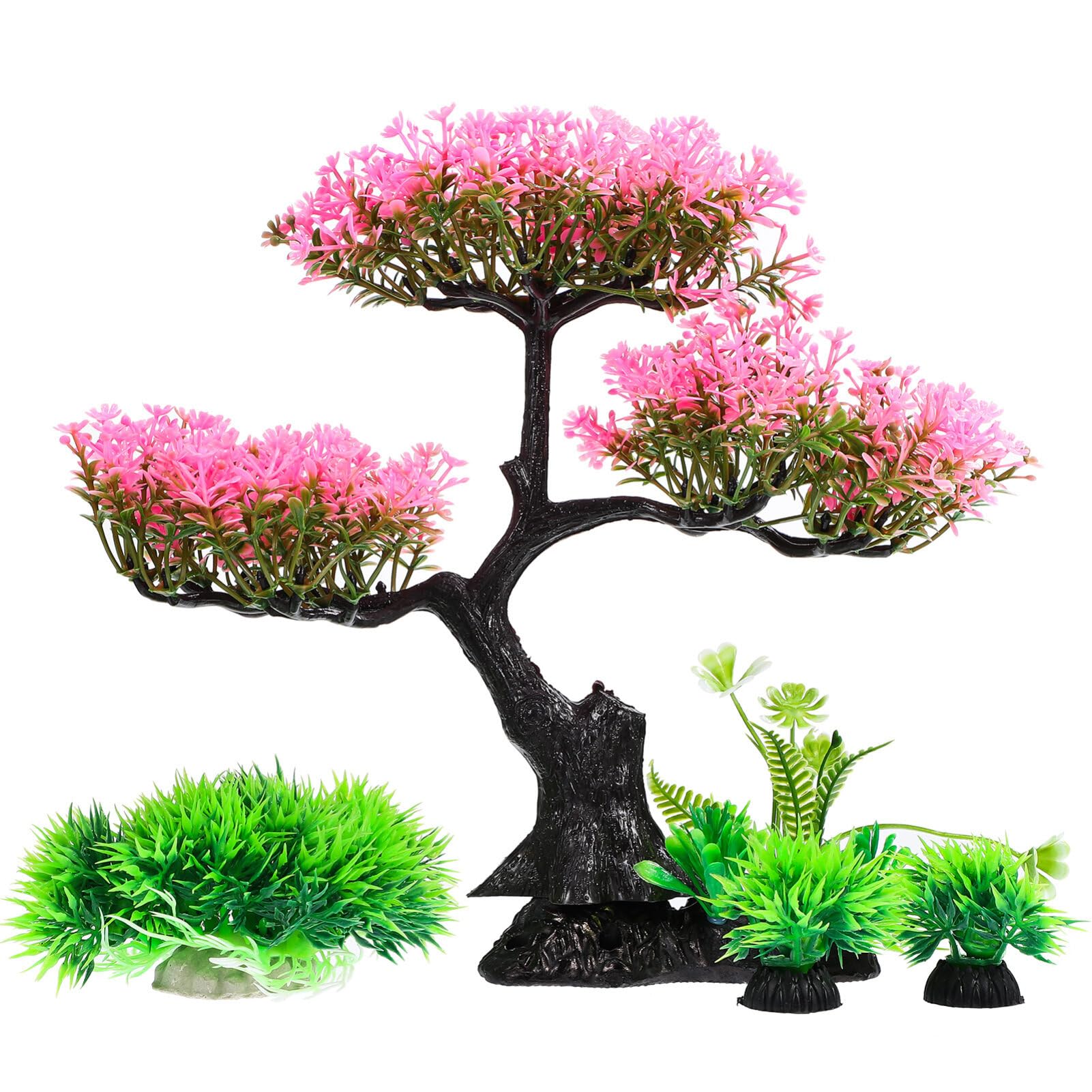 Didiseaon Set di 4 piante in plastica per acquario, fiori di ciliegio rosa artificiale