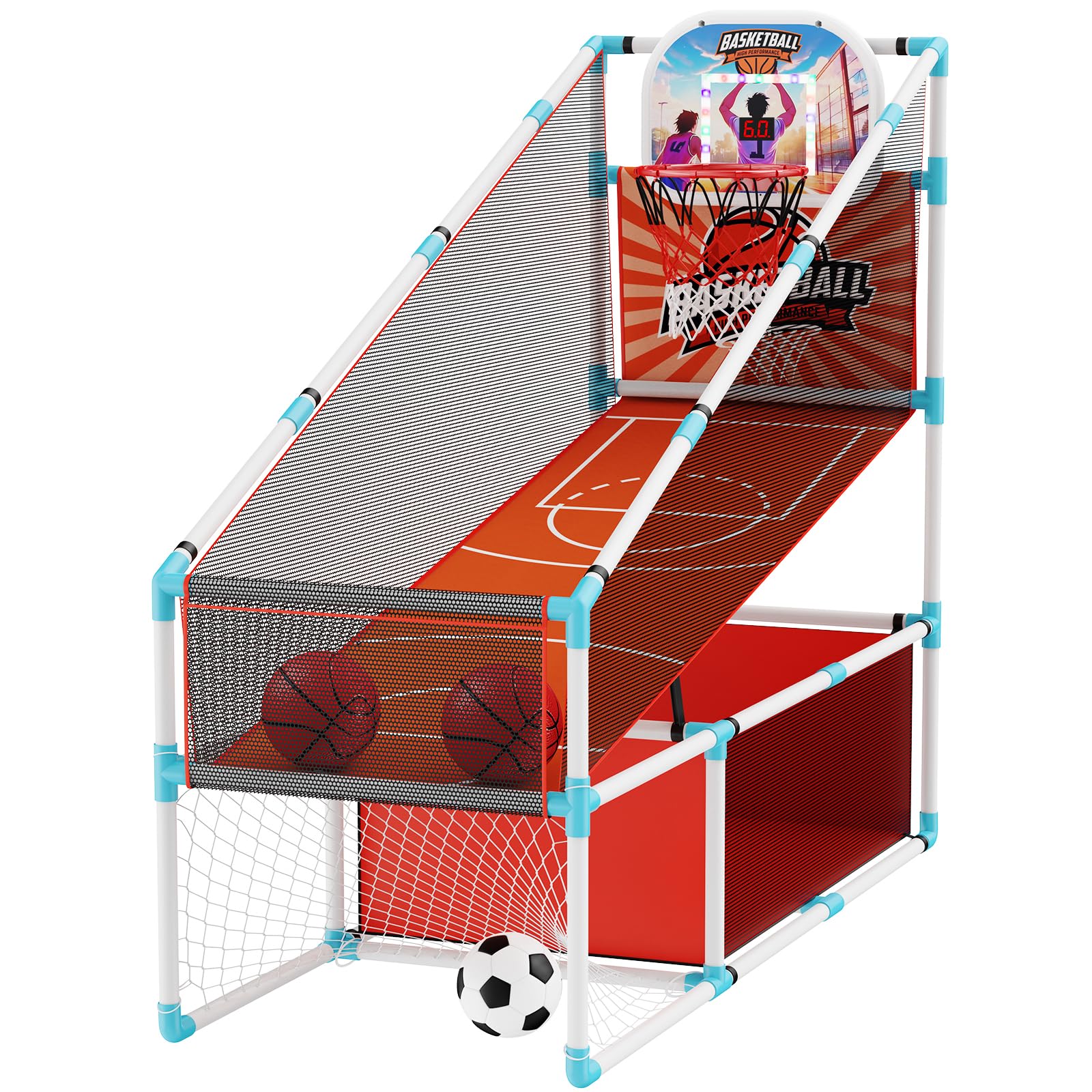 Photo 1 of 2 in 1 Kids Arcade Basketball Hoop &Soccer Goal,LED Lights Electronic Scoreboard, Adjustable Height Basketball Game Set,Indoor Outdoor Sport Toys Gift Toddlers Boys Girls Ages 3-12 Home Party