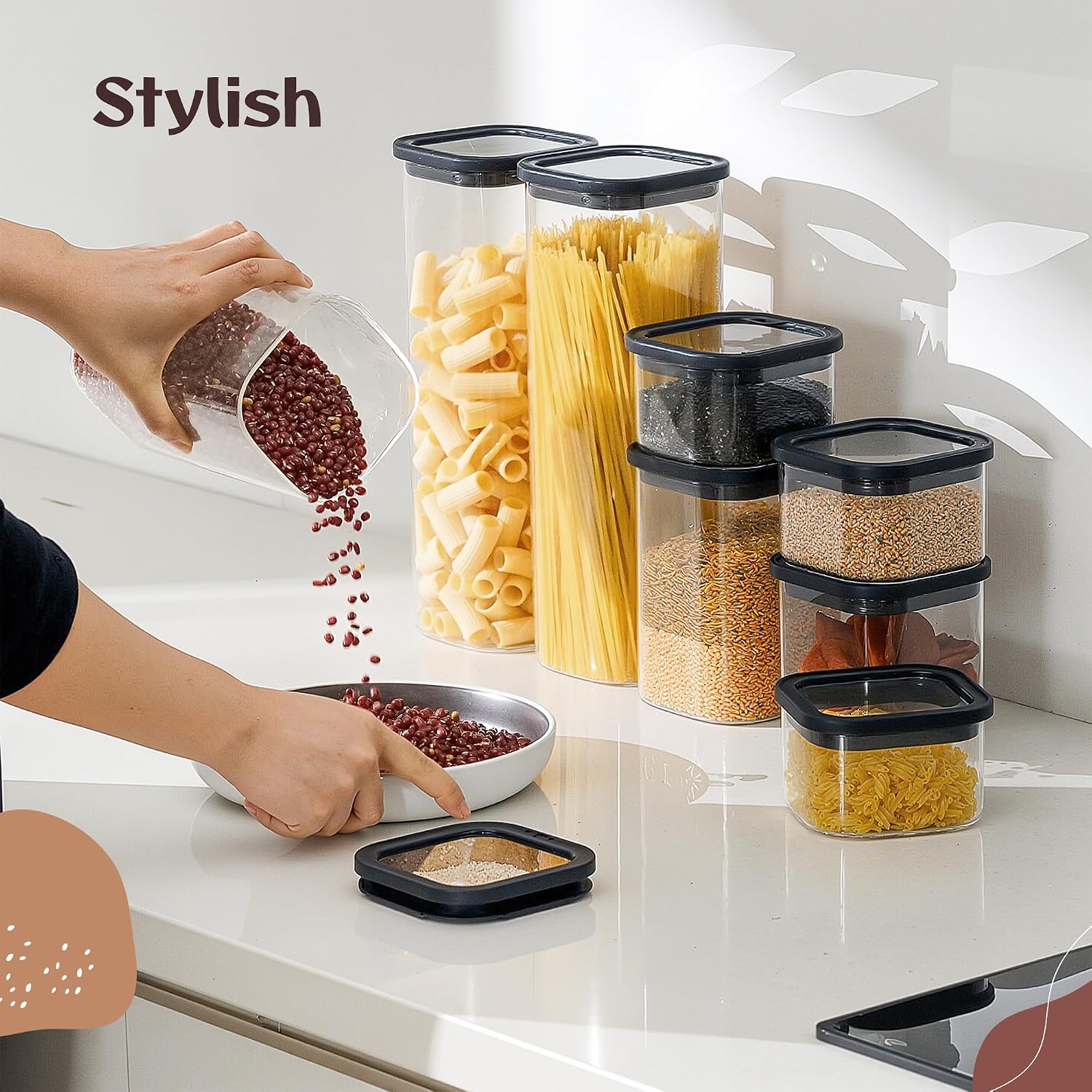 Storage Jars Set (4 x 600 ml) Square Storage Containers with Silicone Lids in Black (with Viewing Windows) - 10 x 10 x 10 cm - Glass Storage Jars with Lid image 5