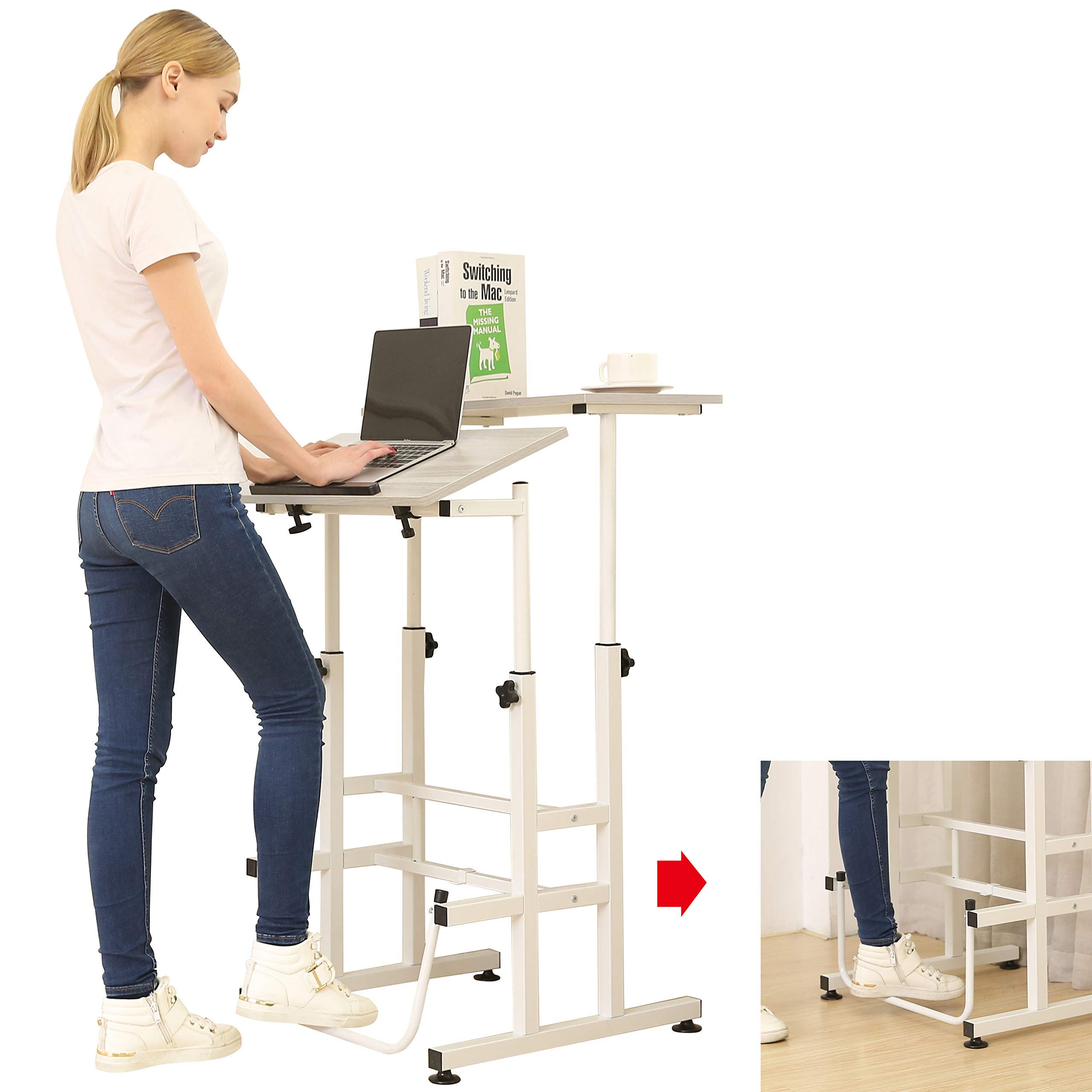 SDADI Adjustable Height Standing Desk with Swinging Footrest Optional for Standing and Seating 2 Modes, Office Furniture, Light Grain L101XWFLT