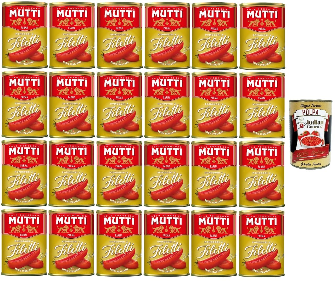 Italian Gourmet Filetti di Pomodoro Pelati 24 x 400g ganze Tomaten Dose | Sugo ricco con pezzi interi, 100% origine italiana; fruchtig für Sauce, Gesamtnettogewicht 9,6 kg + Kostenlos Polpa 400g