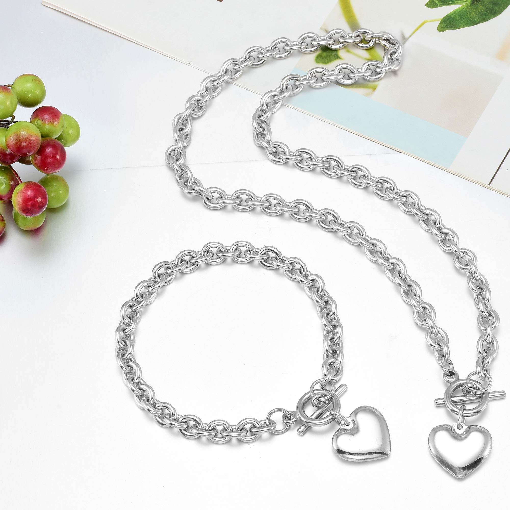 Collar de cadena de corazón + pulsera de corazón para mujeres y niñas, dije de corazones, conjunto de joyas de acero inoxidable de 18 quilates, oro rosa y plata, Acero inoxidable, Nada 7