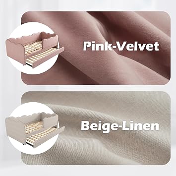 Upholstered Bed Daybed 90 x 190 cm, 3FT Single Bed with Pull out Trundle, Sofa Bed For Adults and Children, Single Daybed With Slatted Frame, Linen, No Mattress (Pink)