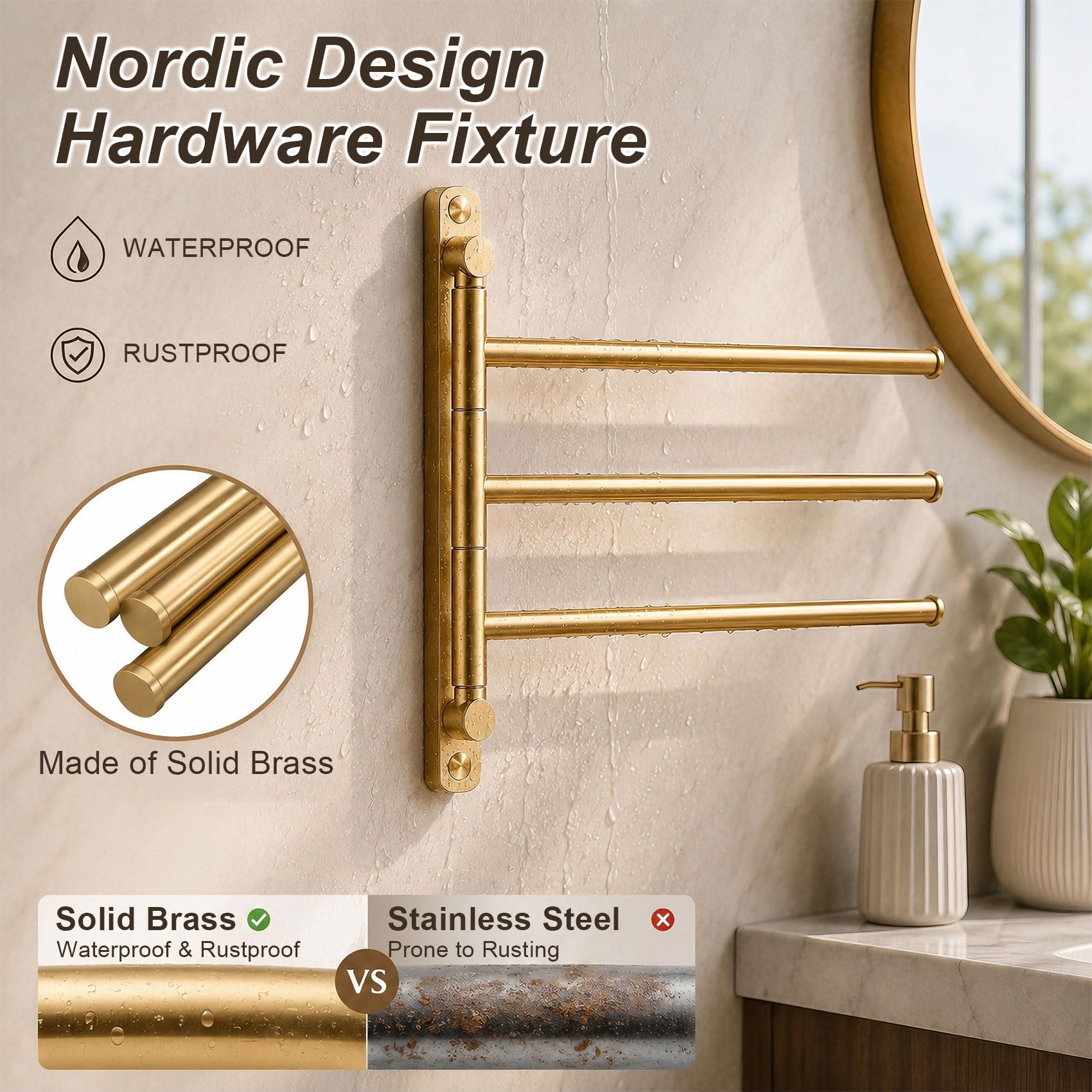 Toallero Giratorio para baño, Toallero de Latón Macizo Premium, Barra Giratoria 180 Grados con Ganchos, Color Dorado Cepillado, Montaje en Pared, 4 Barras(Black Gold,27cm/10.6in)
