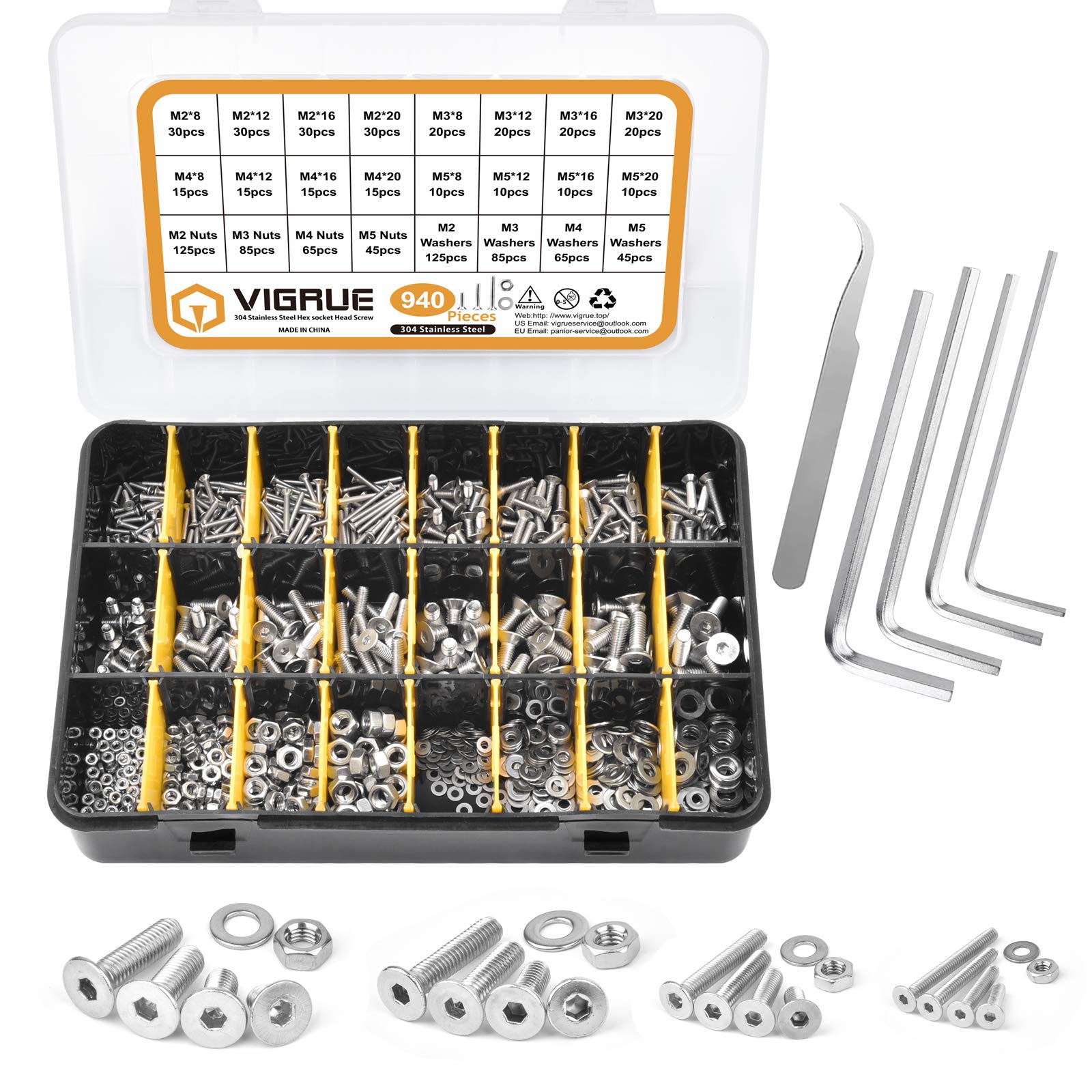 VIGRUE 940-Piece Screw Set M2 M3 M4 M5, Hexagon Socket Thread Screws Set with Nuts Washers and Allen Keys in Assortment Box