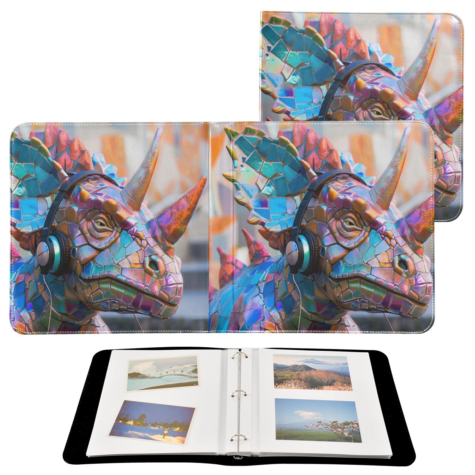 JIPONI Rainbow Diamond Triangle Dinosaur Large Photo Album, DIY Leather Cover Scrapbook Albums for 4x6 5x7 6x8 Pictures, Self Adhesive Memory Book for Wedding, Baby, Family