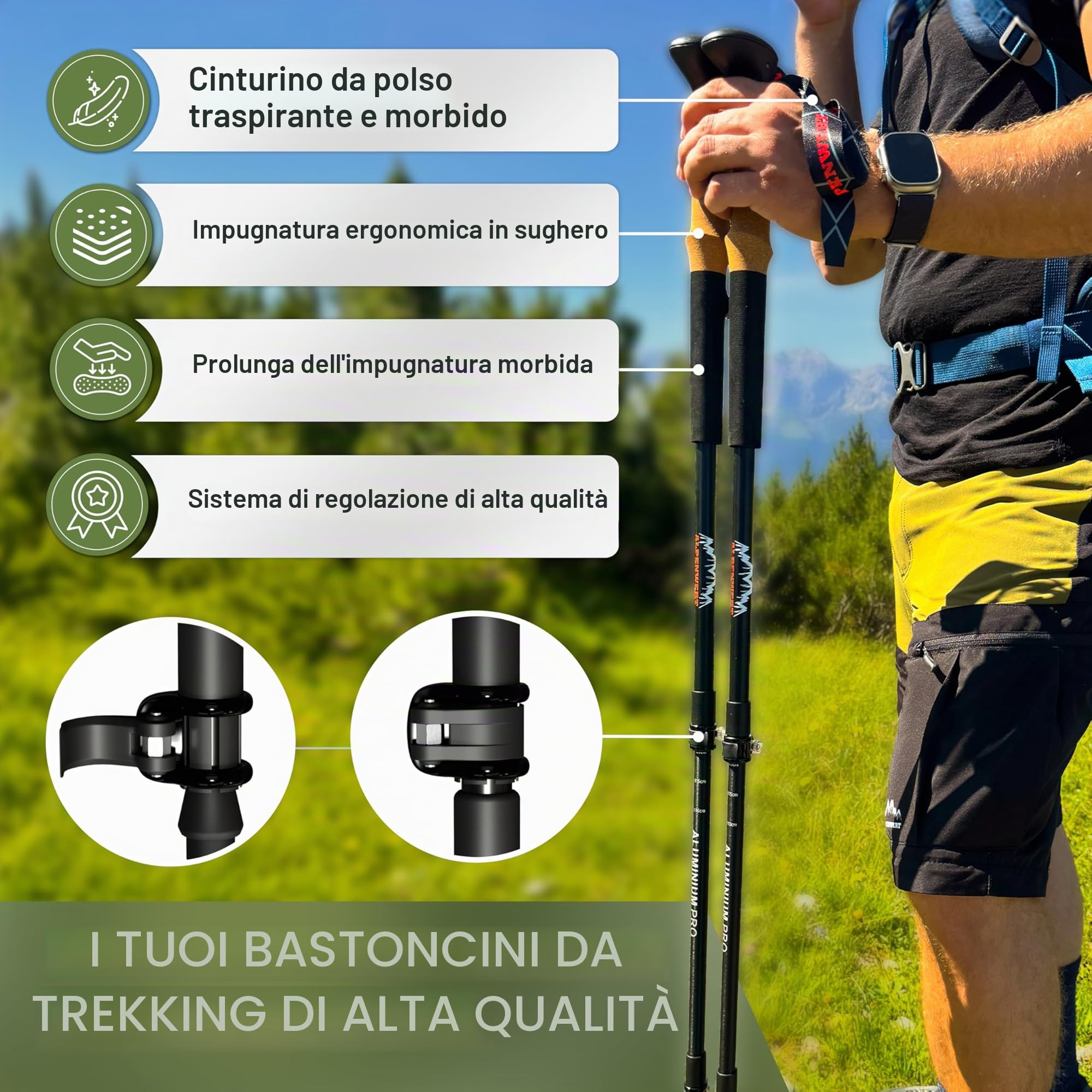 ALPENWERT Bastoni da trekking [carbonio o alluminio] Bastoni da passeggio per uomo e donna – Bastoni da trekking telescopici con manico in sughero per escursioni, nordic walking e sci alpinismo