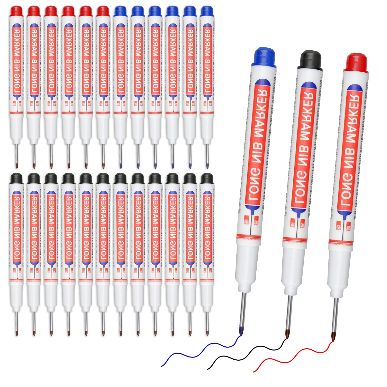 NONETO 24 Pcs Long Nib Marker Pen, 22 mm Deep Hole Marker Spray Pen, Permanent Builders Marker Pens For Drill, Wood, Metal and Tile Marking (Multicolor)
