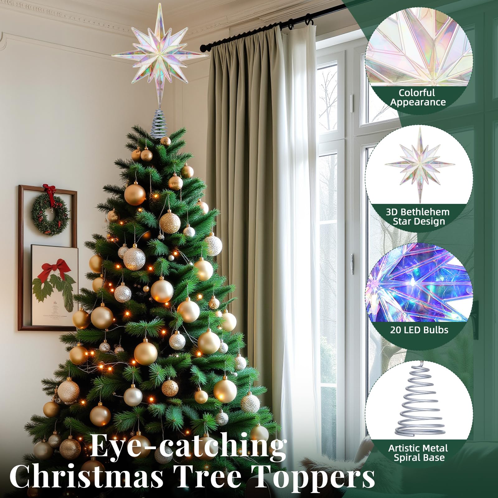 Lewondr Weihnachtsstern Baumspitze, 15,35" 20 LED Baumspitze, Fernbedienung Und USB-Betriebene Bethlehem Polaris Baumspitze Für Zuhause, 6-Stunden-Timer 8 Modi Weihnachtsdekoration, Farbiges Licht