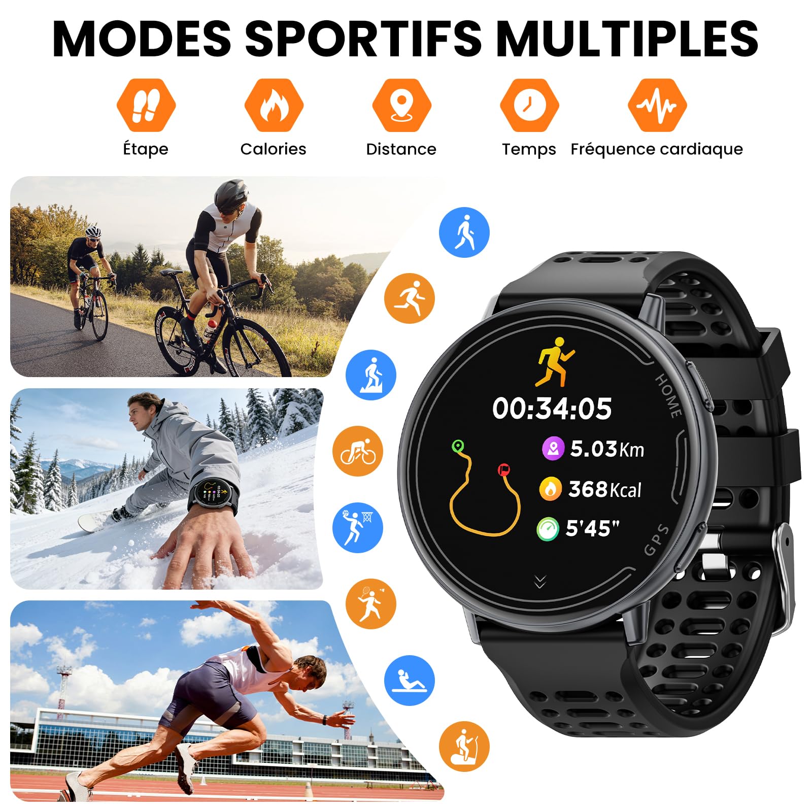Montre Connectée 1.39 "pour, avec GPS/Bluetooth appels/Fréquence Cardiaque | Avoir la Fréquence Cardiaque/Surveillance du Sommeil, Compatible avec Android et IOS Smart Watch, avec le Mode 100 + Sport