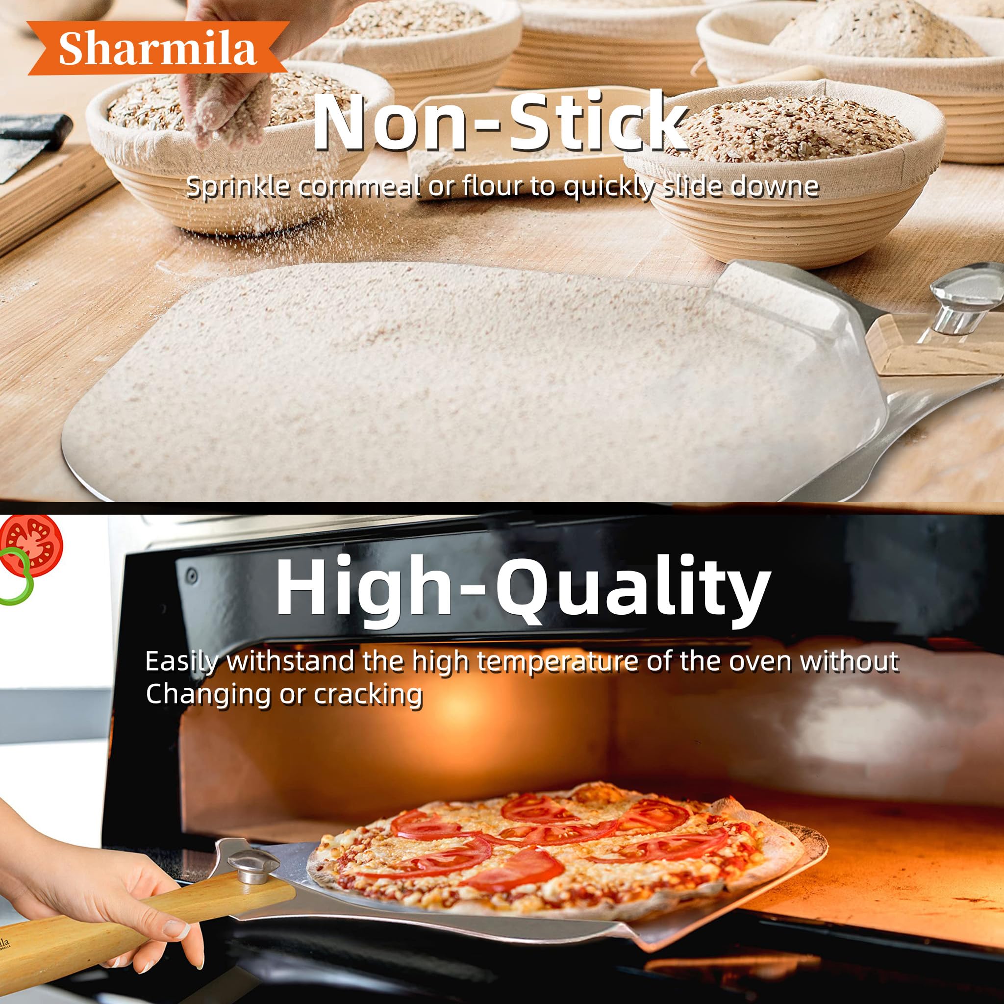 Sharmila Pala per pizza in alluminio da 30,5 cm, con manico pieghevole in legno, taglierina per pizza e spatola per pizza in metallo, ideale per forno, pasta, pane e pasticceria