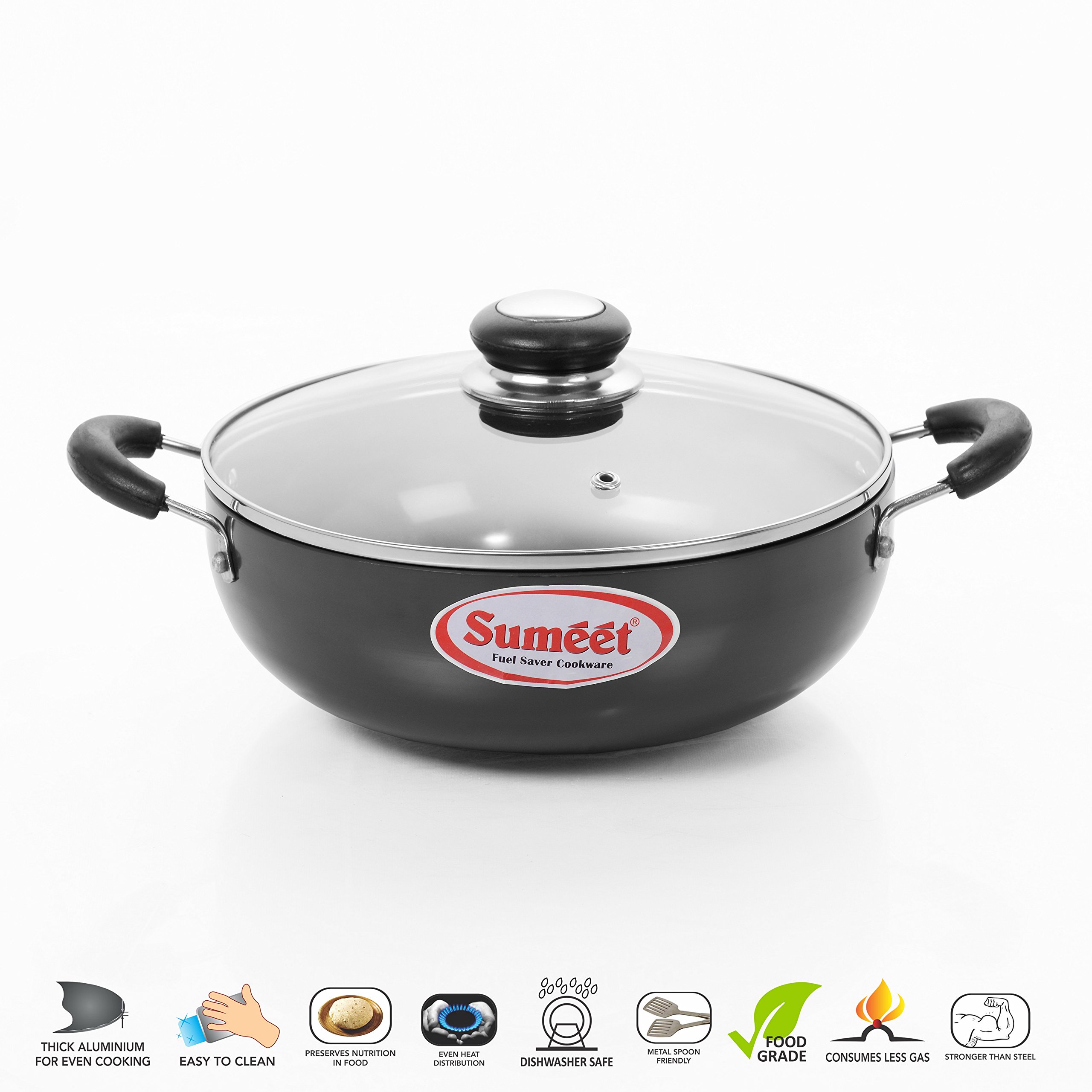 Sumeet 3Mm Hardanodised Deep Kadhai With Glass Lid. No. - 10 18Cm Dia. 1 Ltr Capacity, Black - Image 2 thumbnail