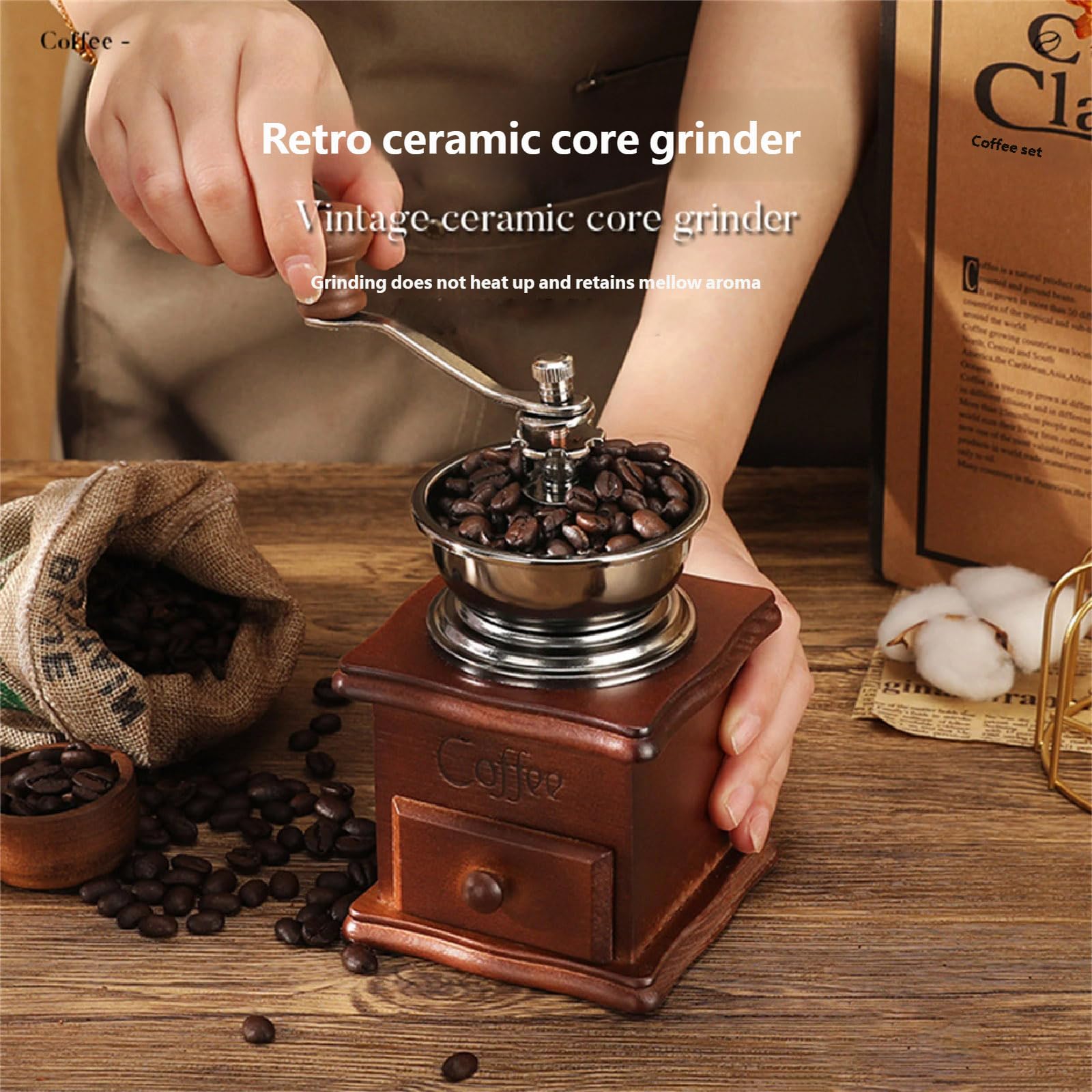 Juego de molinillos de café clásicos de madera y prensas francesas de vidrio con filtro de acero inoxidable 304 para amantes, molinillos ajustables de primera calidad con prensas francesas para una