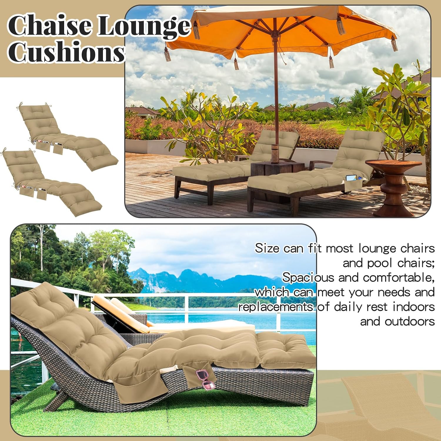 Kigley 2 Pcs Outdoor Chaise Lounge Cushions with 3 Side Pocket 74.5 x 22 x 4.7 Inch Patio Chaise Lounge Cushion, Water-Repellent and Fade-Resistant Tufted Summer Replacement(Brown)