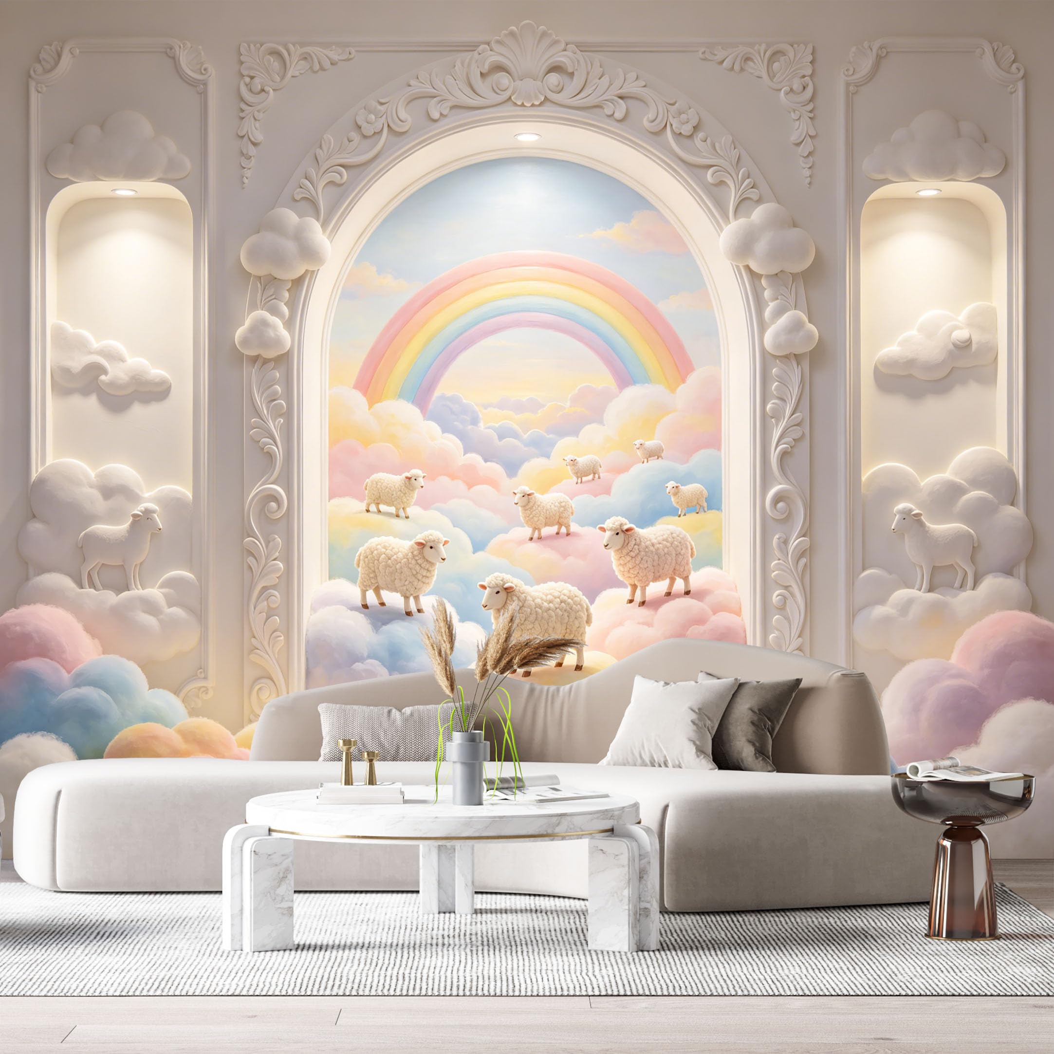 Custom Size Wall Murals Rainbow Pastel Clouds Sheep 3D Trompe L'Oeil SelfAdhesiveWall Fabric Removable Wallpaper Wall Decor for Living Room Bedroom Bathroom