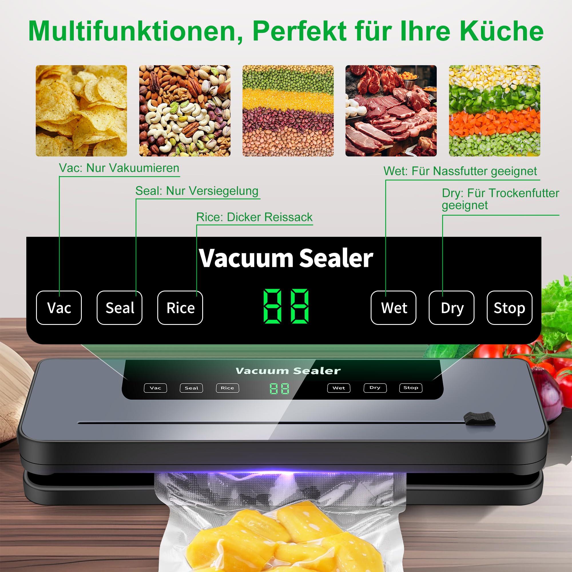Vakuumiergerät 7 in 1 Profi mit Cutter und Digitalem Countdown, 50 Vakuumierbeutel für Lebensmittelkonservierung