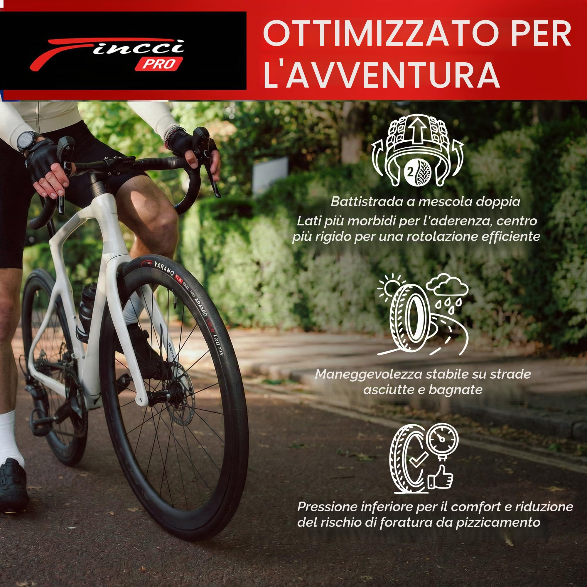 Fincci Coppia Copertoni Bici 700x28C Tubeless ETRTO 28-622 Strada 120 TPI | Protezione Aramidica da 1 mm per Pressioni 80-110 PSI, Ideale per Bici da Corsa, Strada, Allenamento e Gare su Asfalto