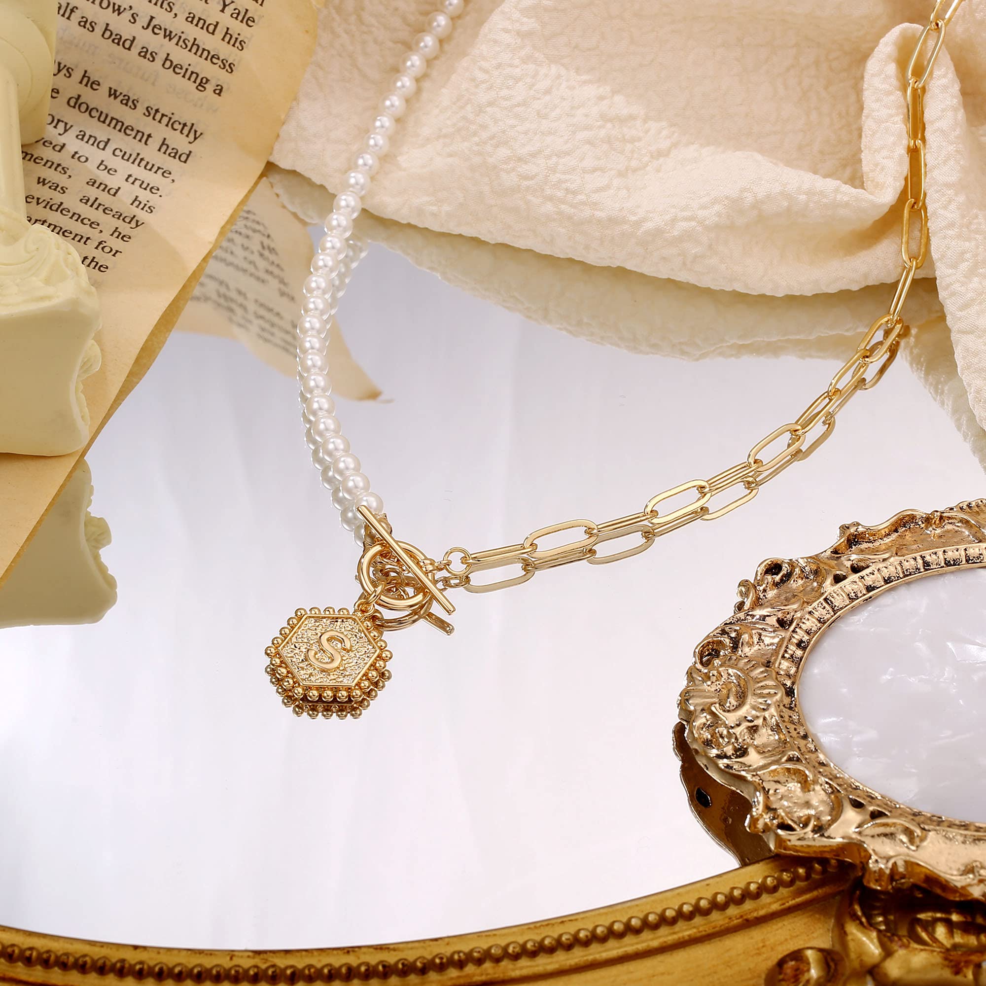 Dainty Gold Pearl Initial Necklaces for Women, 14k Gold Plated Letter Initial Necklaces for Women Trendy Dainty Paperclip Chain Toggle Clasp Hexagon Pendant Pearl Choker Necklace for Women Jewelry Gifts