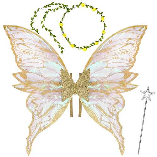 puwuto Fairy Wings for Adults Women, 3 PCS 33"x29" Fairy Costume Set with Floral Garland & Wand for Halloween Party Cosplay - Gold