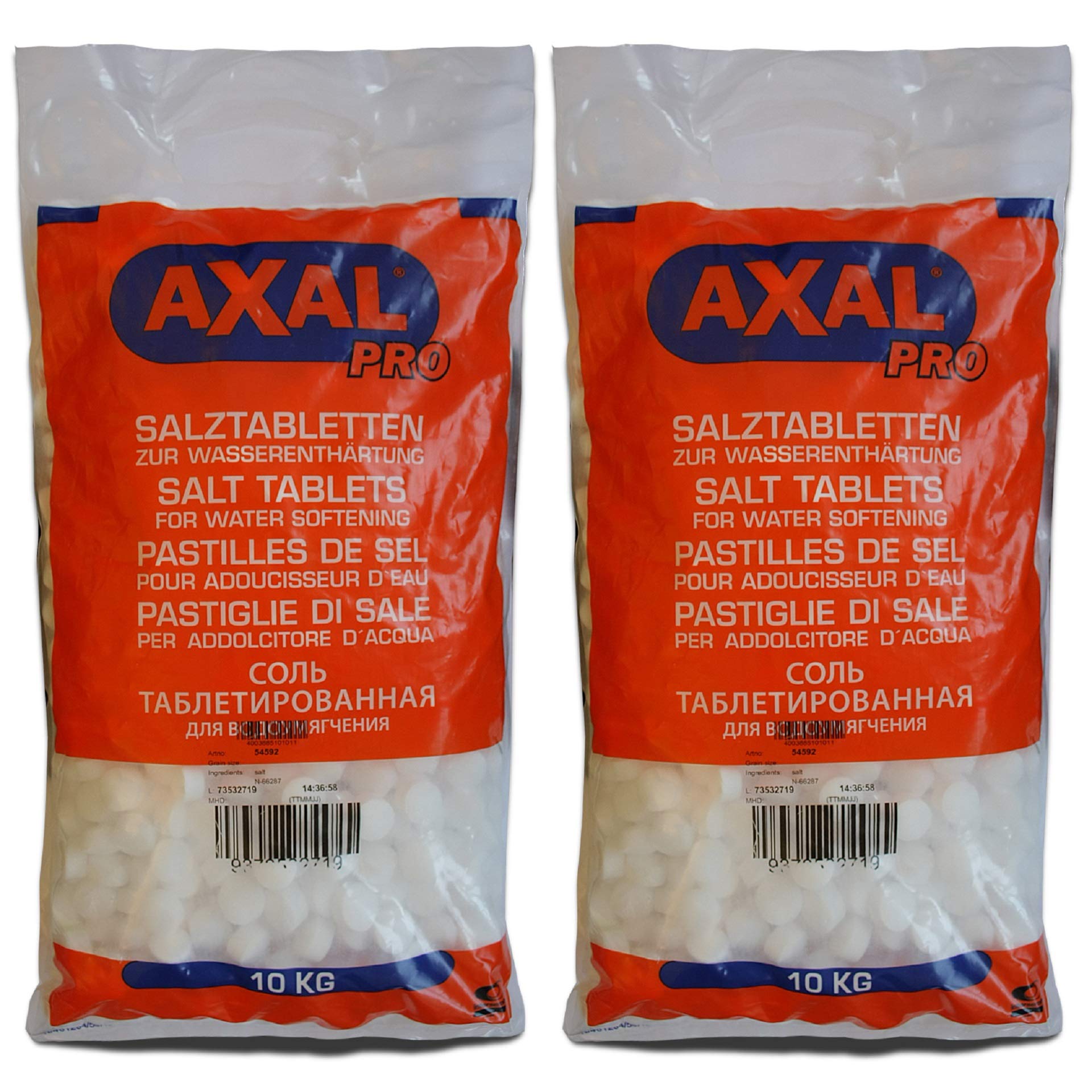 Axal Pro Sel régénérant 2X 10kg | Pastilles de sel pour adoucisseurs d’eau, systèmes de détartrage, piscines | Efficace pour éviter le calcaire et adoucir l’eau