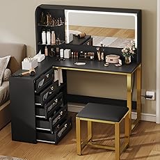 DWVO Corner Makeup Vanity Desk with Lights and Mirror, 48" L Shaped Black Vanity Set with Stool, 5 Acrylic Visualized Drawer, Adjustable 3 Lighting Mode, Bedroom Large Dressing Table for Women