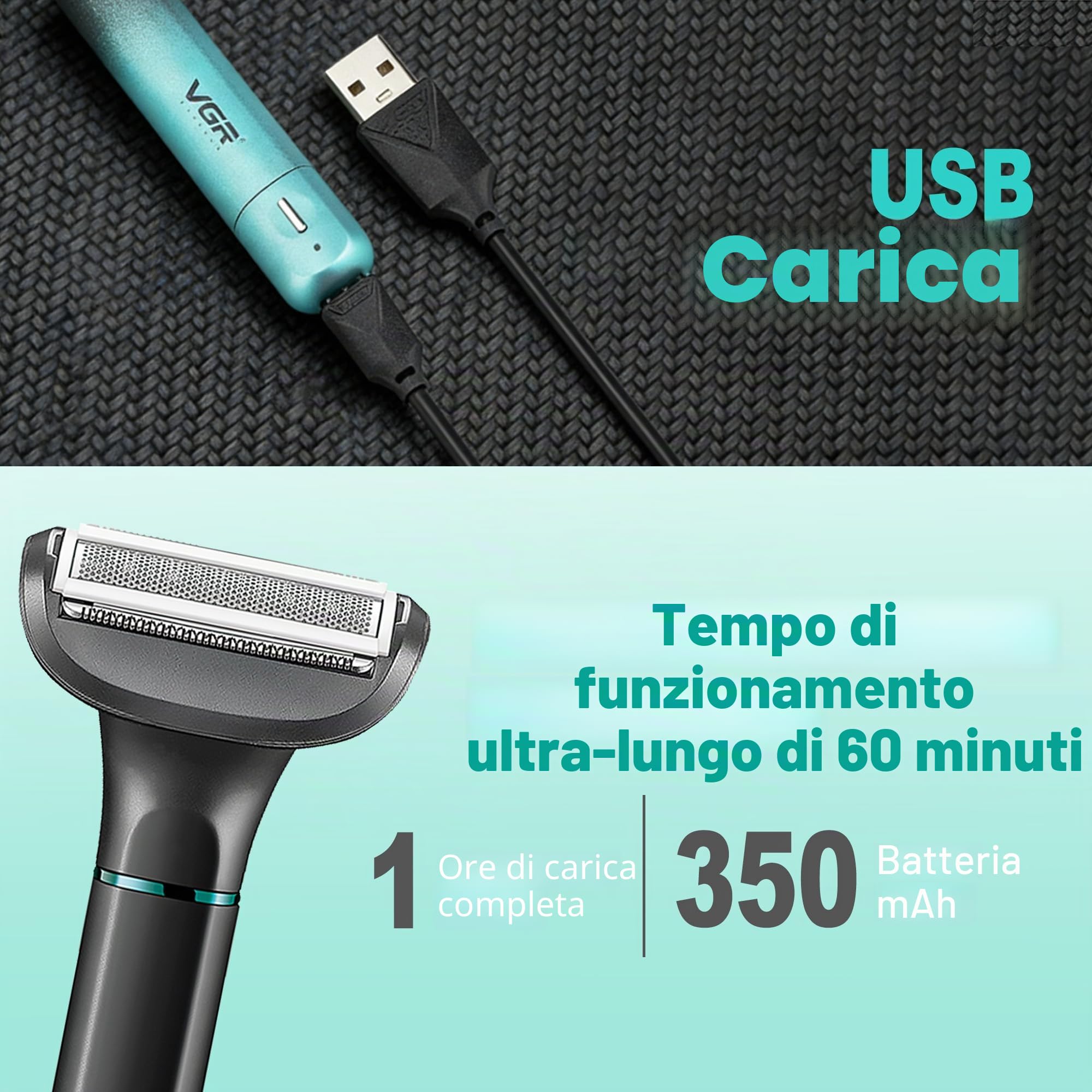 VGR 625 Rasoio Intimo Uomo 3 in 1, Body Groomer Uomo Senza Fili, Rifinitore Peli del Naso e del Corpo con Base, Adatto per Petto, Gambe, Ascelle, Naso e Viso, IPX5, Verde