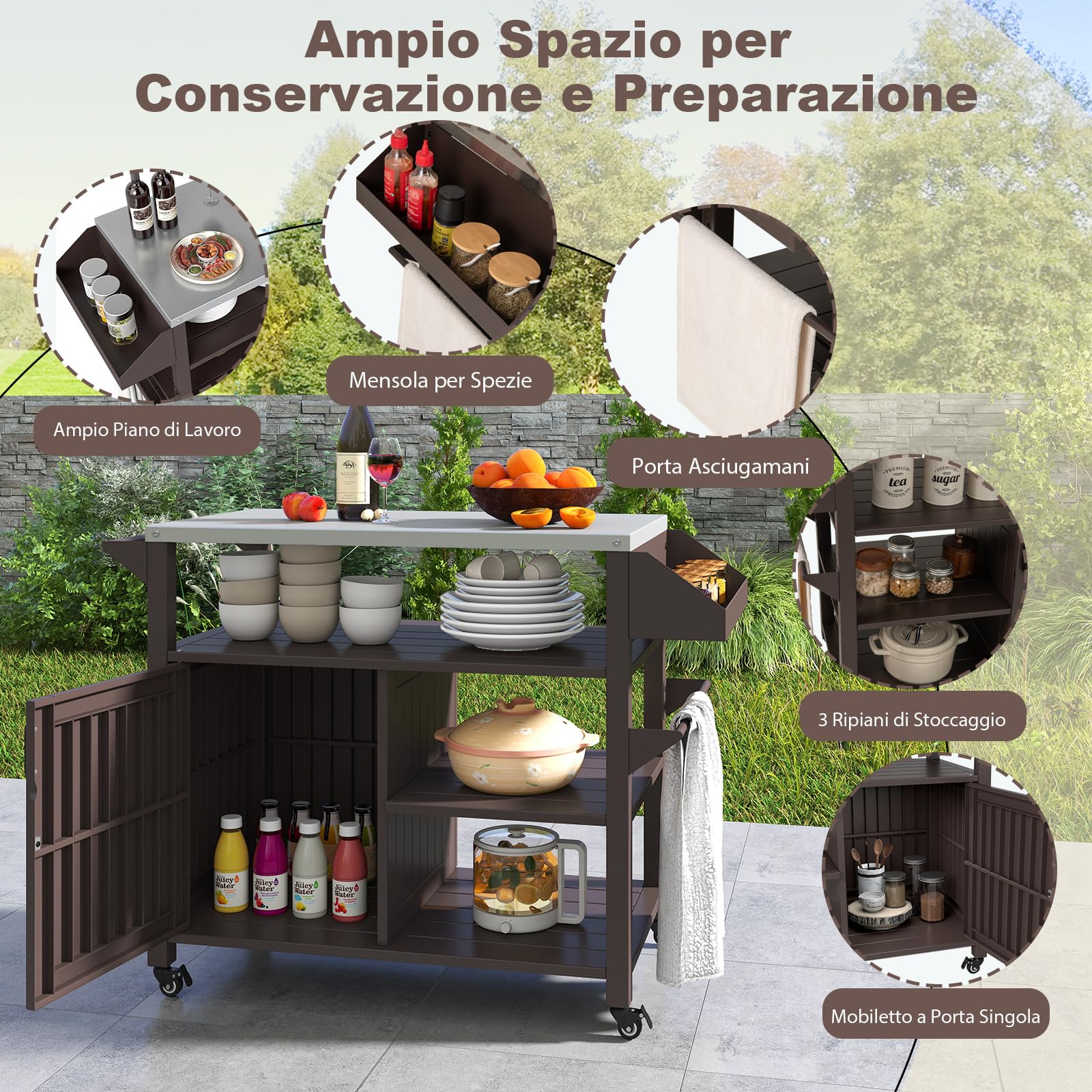 COSTWAY Carrello per Barbecue, Mobile Servizio da Esterno in Acciaio, Isola Cucina per Forno con Ruote Bloccabili, 2 Piani, Armadietto, Portaspezie e Portasacchi, 109 x 45 x 89 cm (Stile 2)