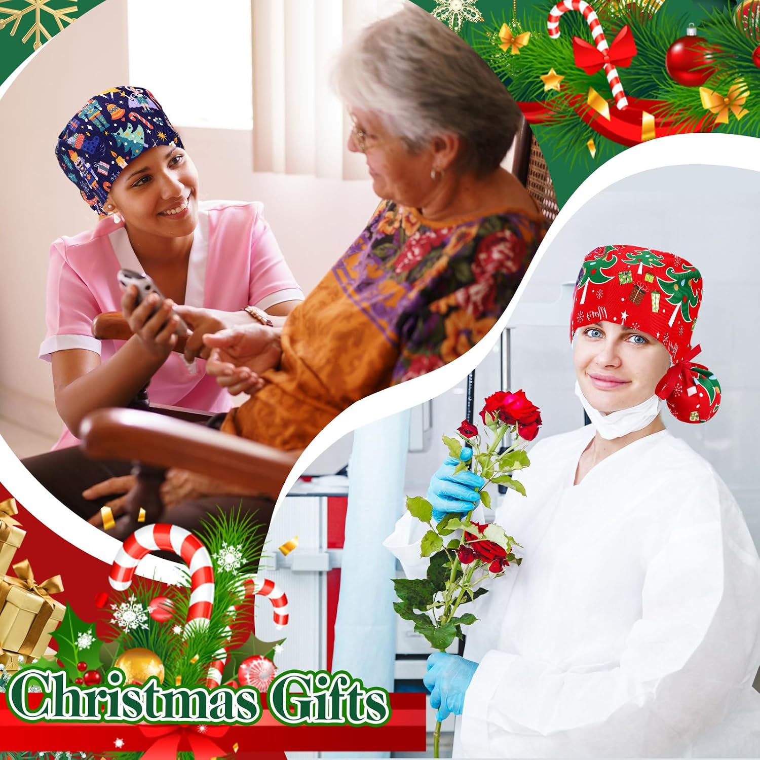 12 Pcs Christmas Scrub Caps Funny Style with Button Adjustable | Bouffant Caps for Women with Ponytail Opening, Adjustable Ties, Festive Holiday Prints for Nurses Medical Staff
