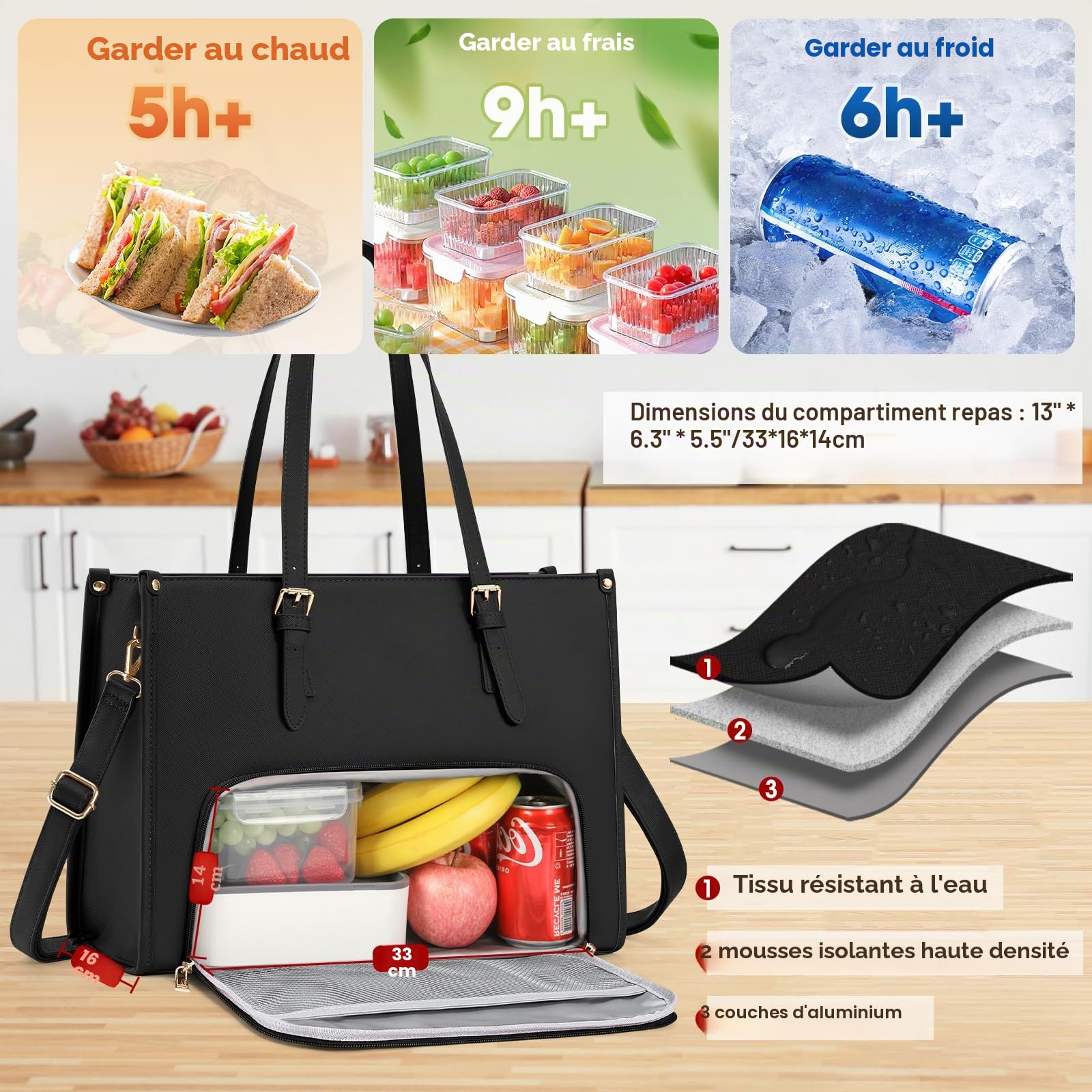 RAINSMORE Sac Cabas Femme Grand Format Sac a Main 15,6 Pouces Sac Ordinateur Femmes Cuir PU Sacs Travail Femme avec Compartiment Isotherme pour Universités Voyage Cours