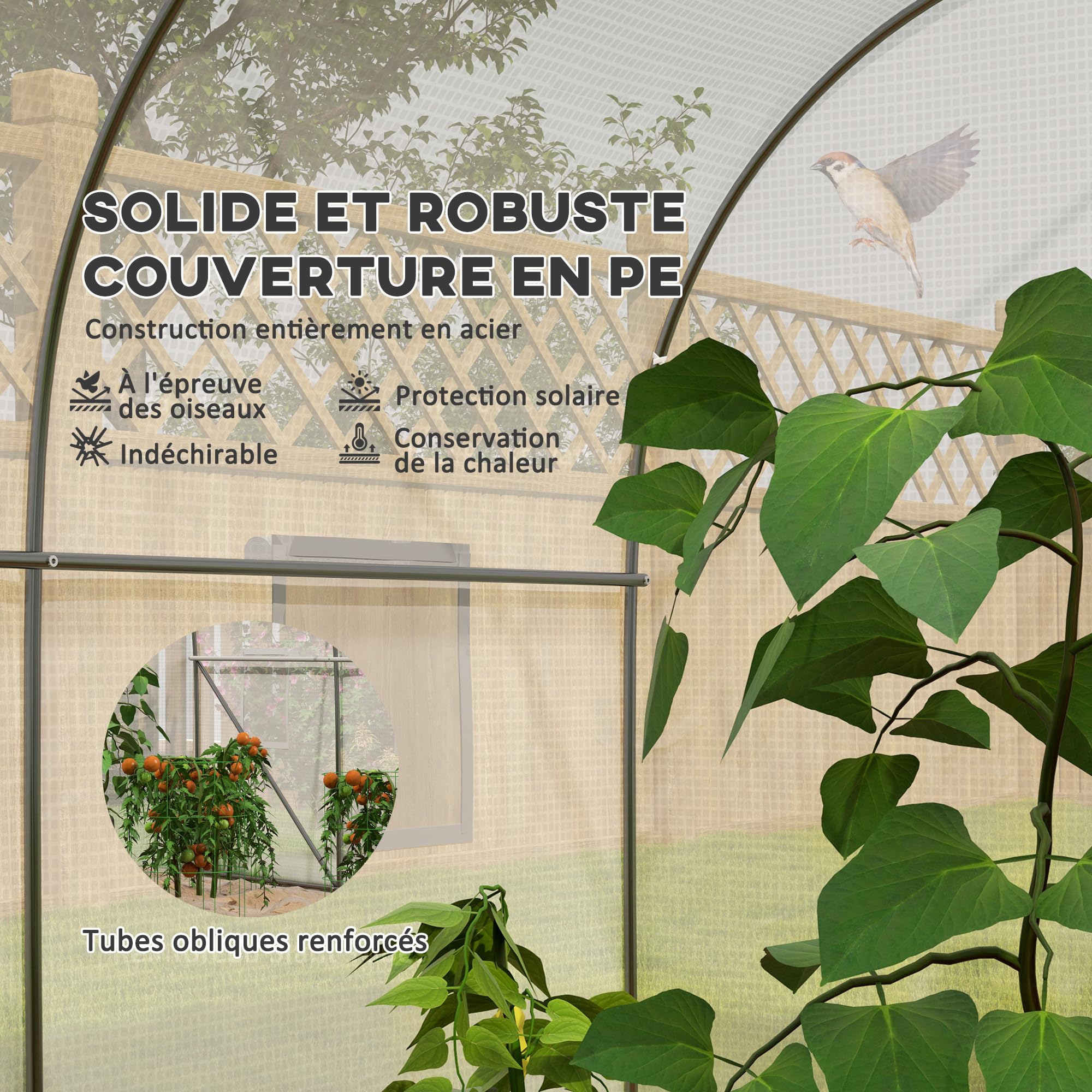 Outsunny Serre de Jardin Serre Tunnel de Jardin dim. 3,5L x 3l x 2H m Porte + 6 fenêtres enroulables Acier galvanisé bâche PE Haute densité Blanc