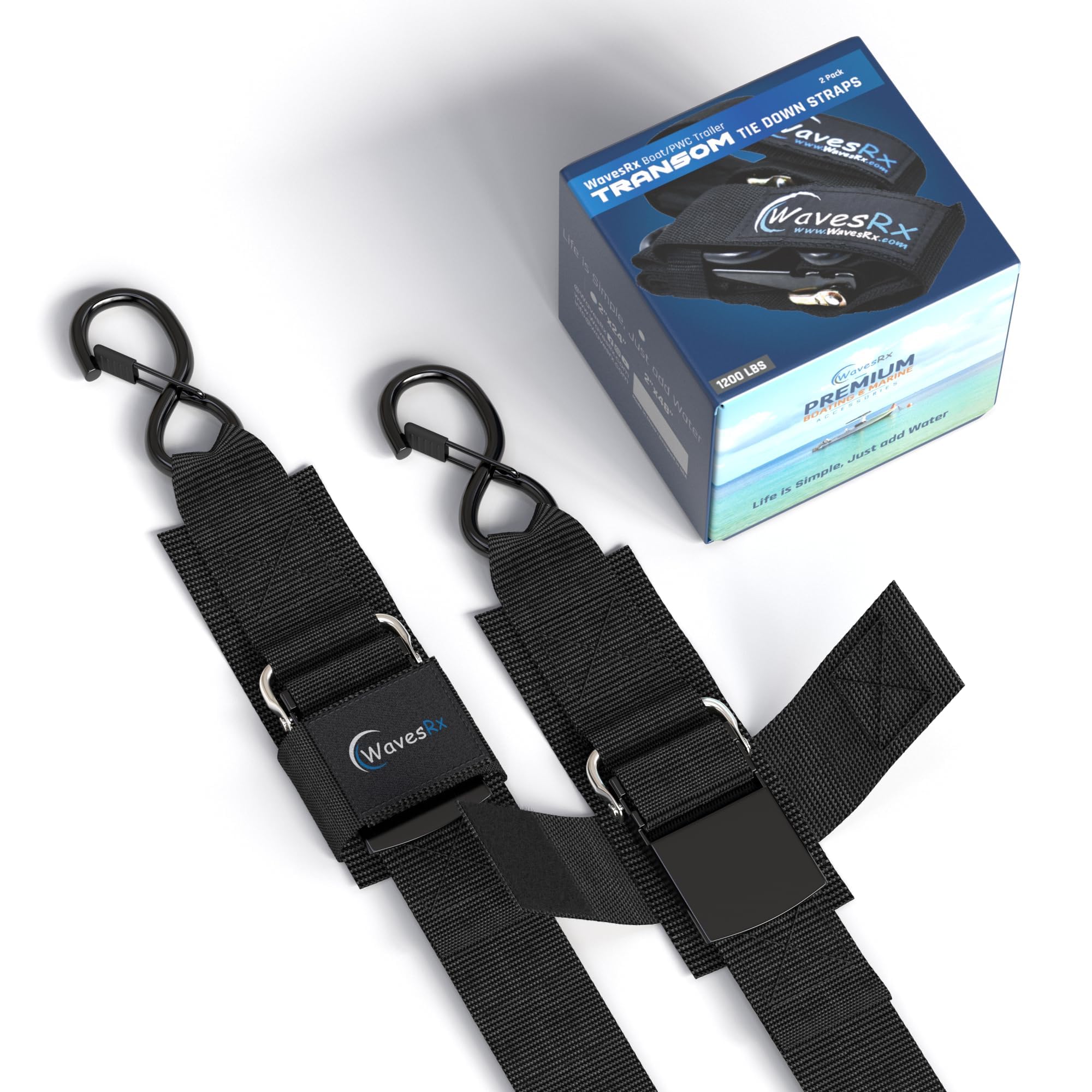 WavesRx Marine Boat Trailer Transom Tie-Downs | 1200 LBS Capacity Adjustable Safety Straps to Securely Transport Boats, Jet Skis and PWC | Select Size (24" or 48") and Quantity (2PK or 4PK) Below