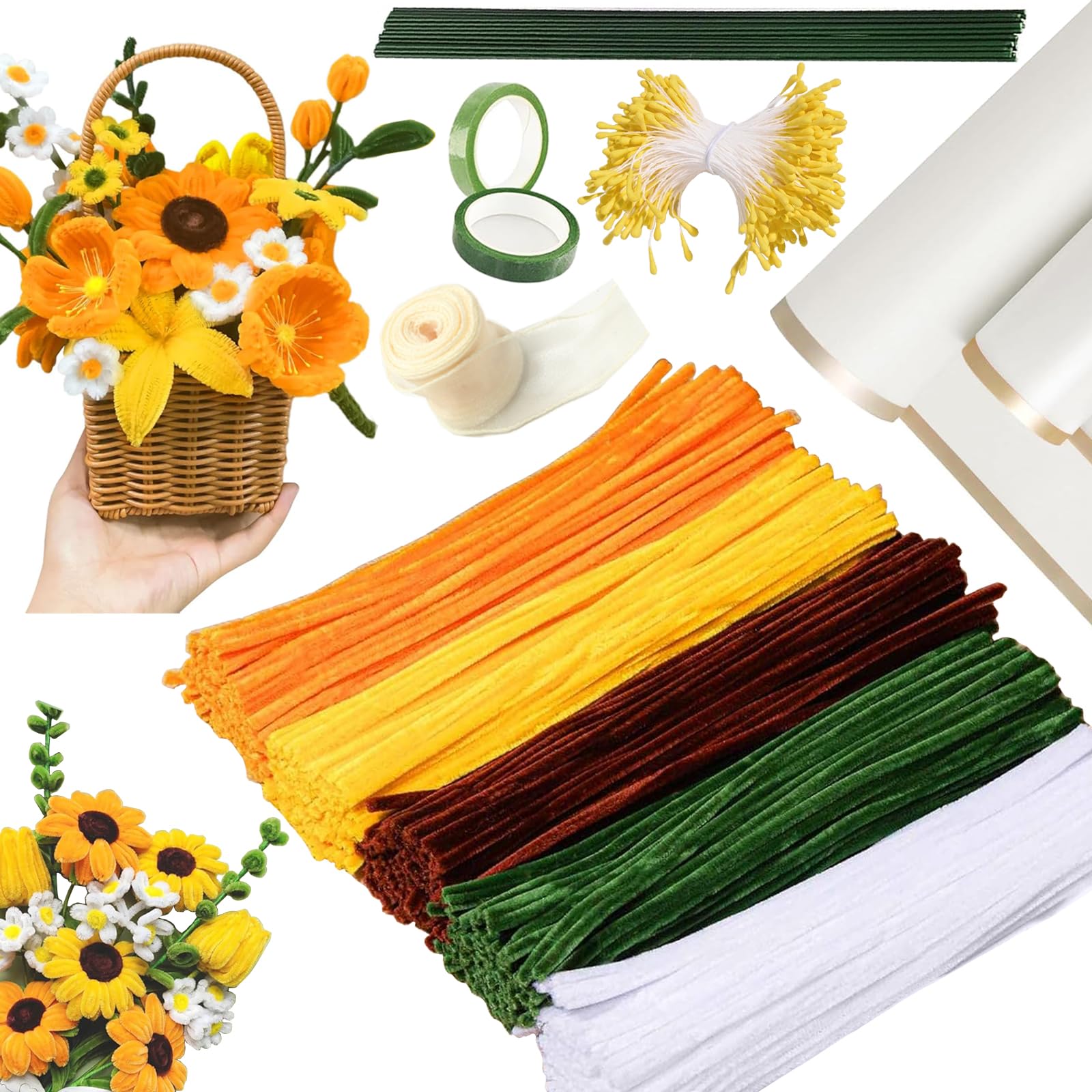 Pipe Cleaners 185 Pièces Kit Créatif Chenille - Cure-Pipe, Ruban Floral, Papier Emballage Pour Bouquets DIY Tournesols