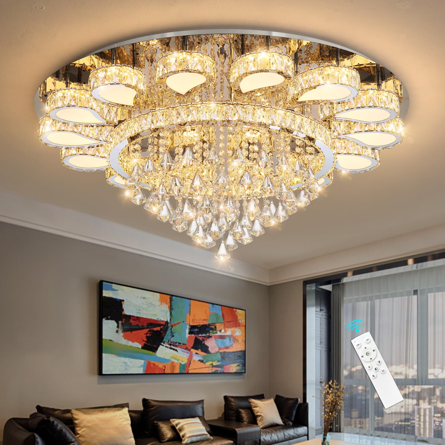 HAIXIANG Glam Crystal Chandelier for Living Room Dining Room Lights Sloped Ceiling Light Fixtures Luxury Modern Remote Dimmbale Lighting Silver 40