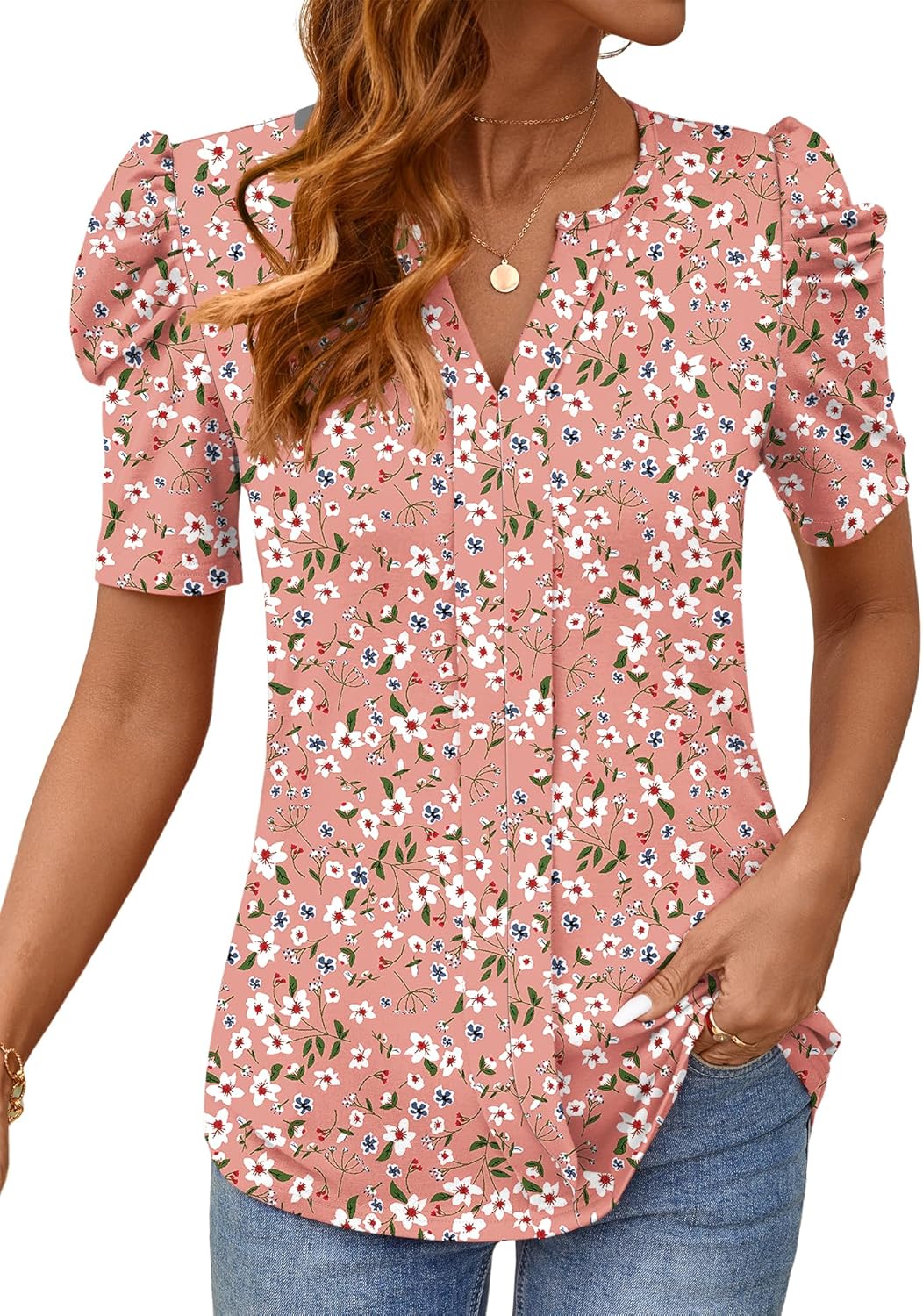 Rapbin Womens Summer Tops 2025 Puff Short Sleeve V Neck T Shirts Dressy Casual Spring Blouses for Women - Image 2