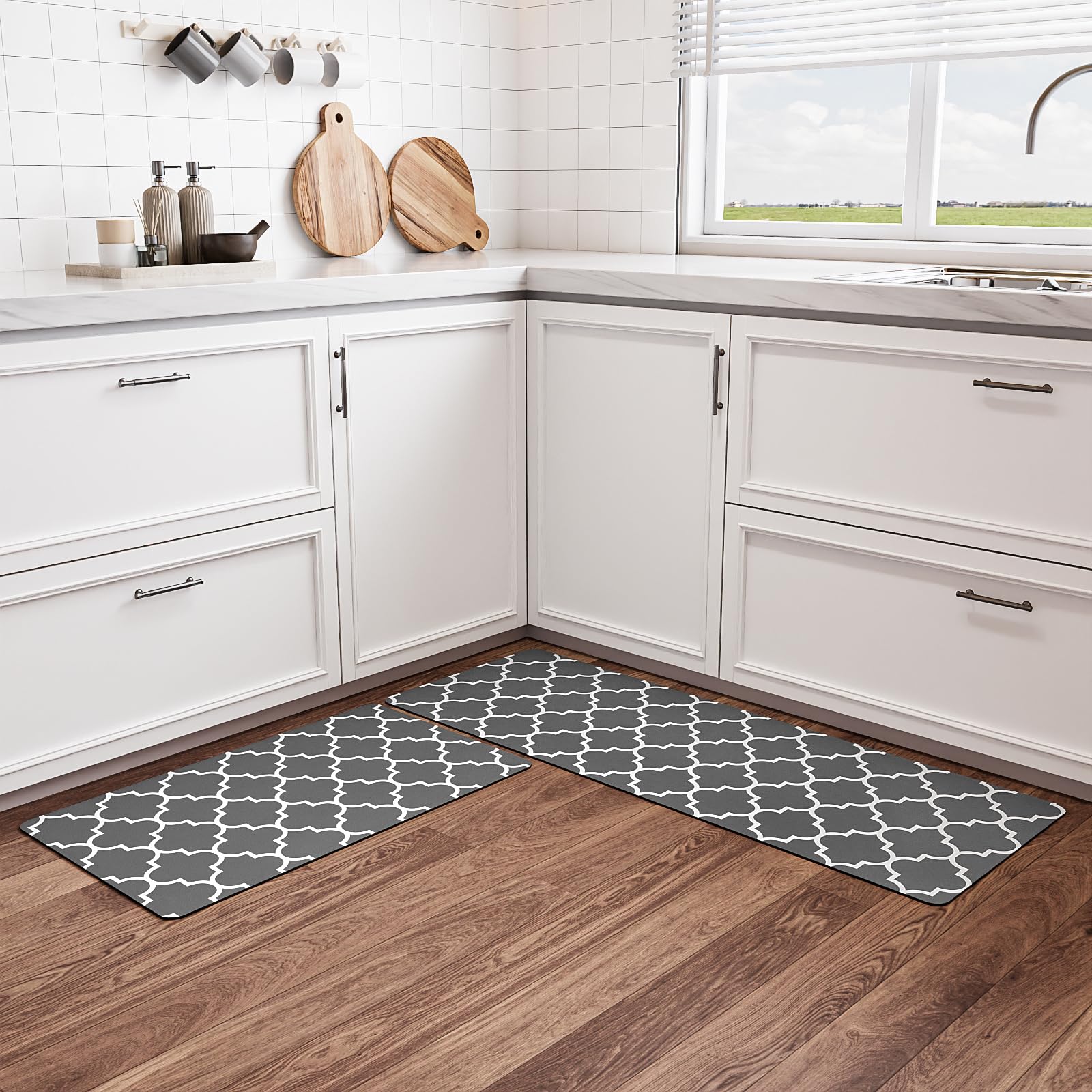 Photo 1 of Vonabem Kitchen Rugs and Mats?2 PCS? Non Skid Kitchen Runner Rug Absorbent Resist Dirt, Kitchen Floor Mat Waterproof Comfort Standing Mat for Kitchen,Home Office,Sink,Laundry?Dark Gray? 17.3 x 47 "+ 17.3 x 29 "in Lantern Dark Gray