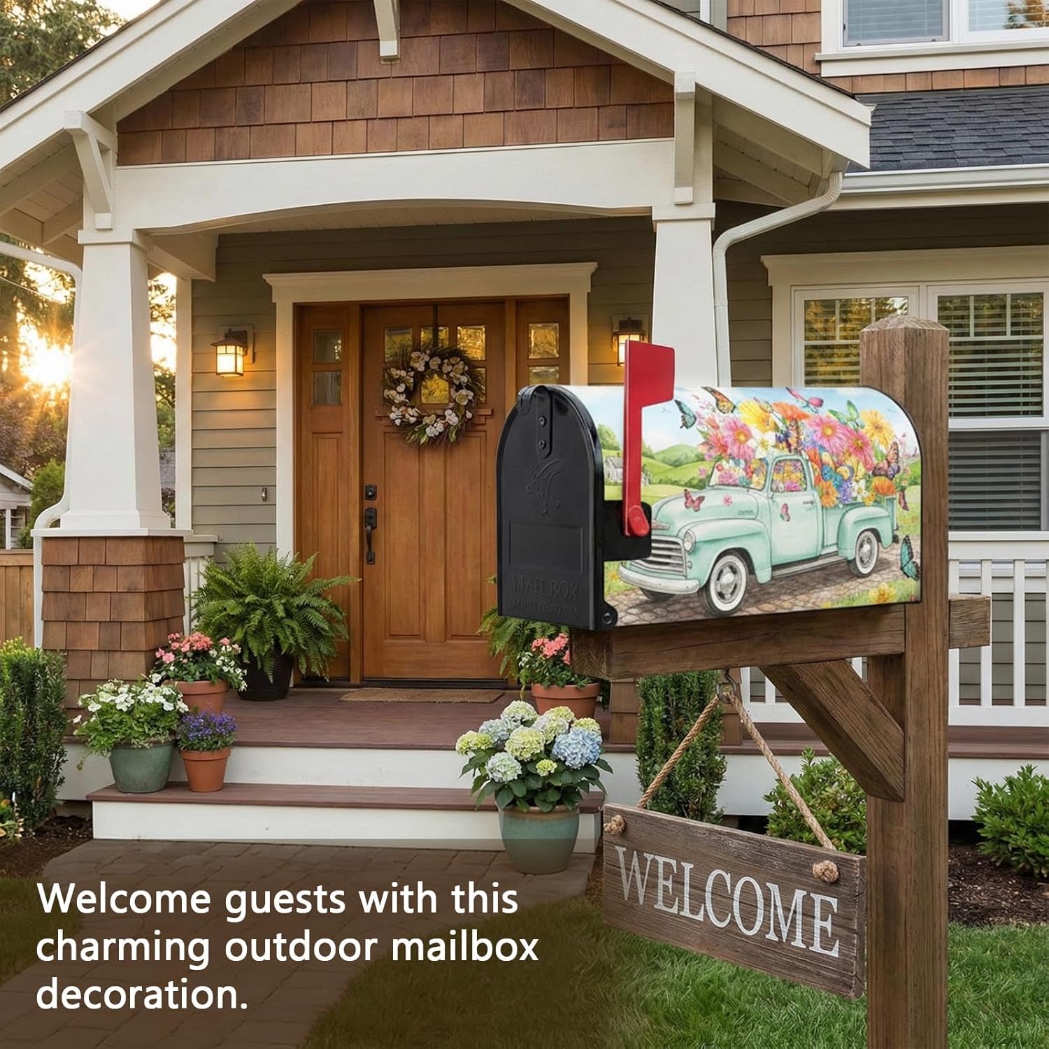 Mailbox Covers Magnetic Letter Box Wrap Beautiful Spring Flower Butterfly & Truck Design Mailbox Magnetic Standard Wrap Covers Spring Waterproof Post Wraps for Outside, 21 X 18 Inch